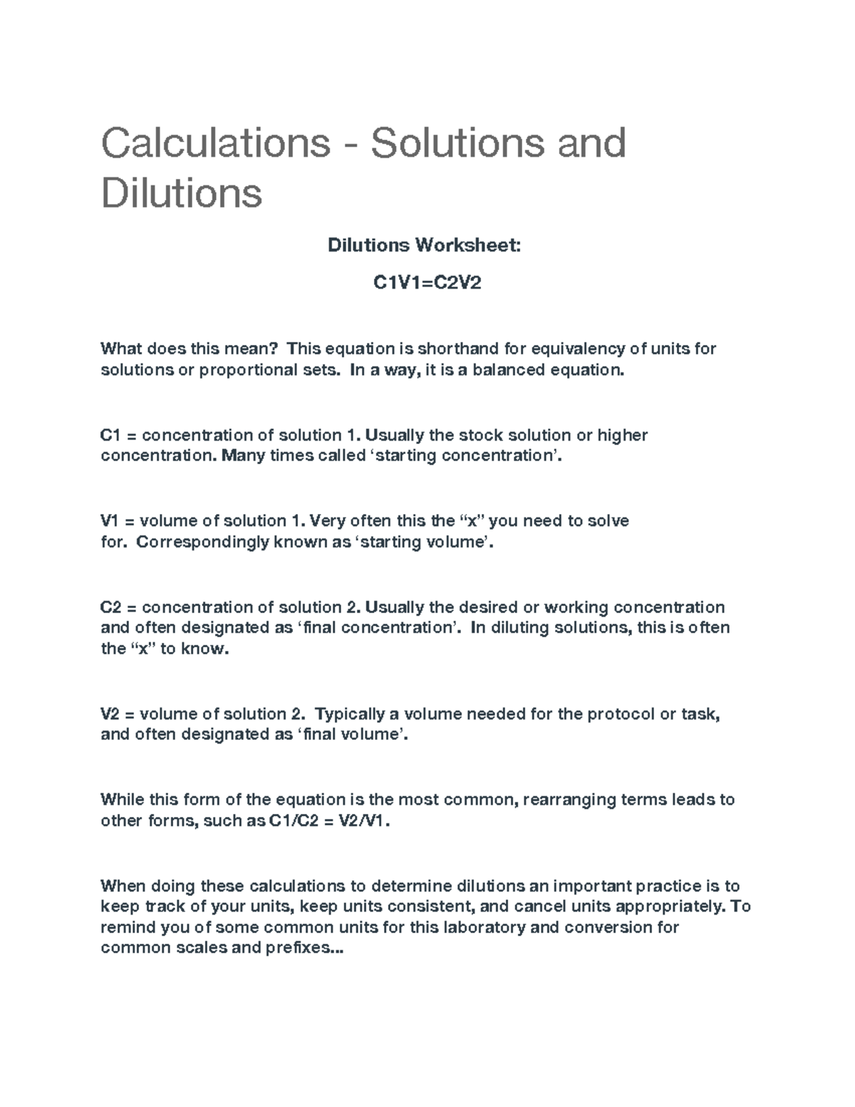Calculations solutions and dilutions Calculations Solutions and