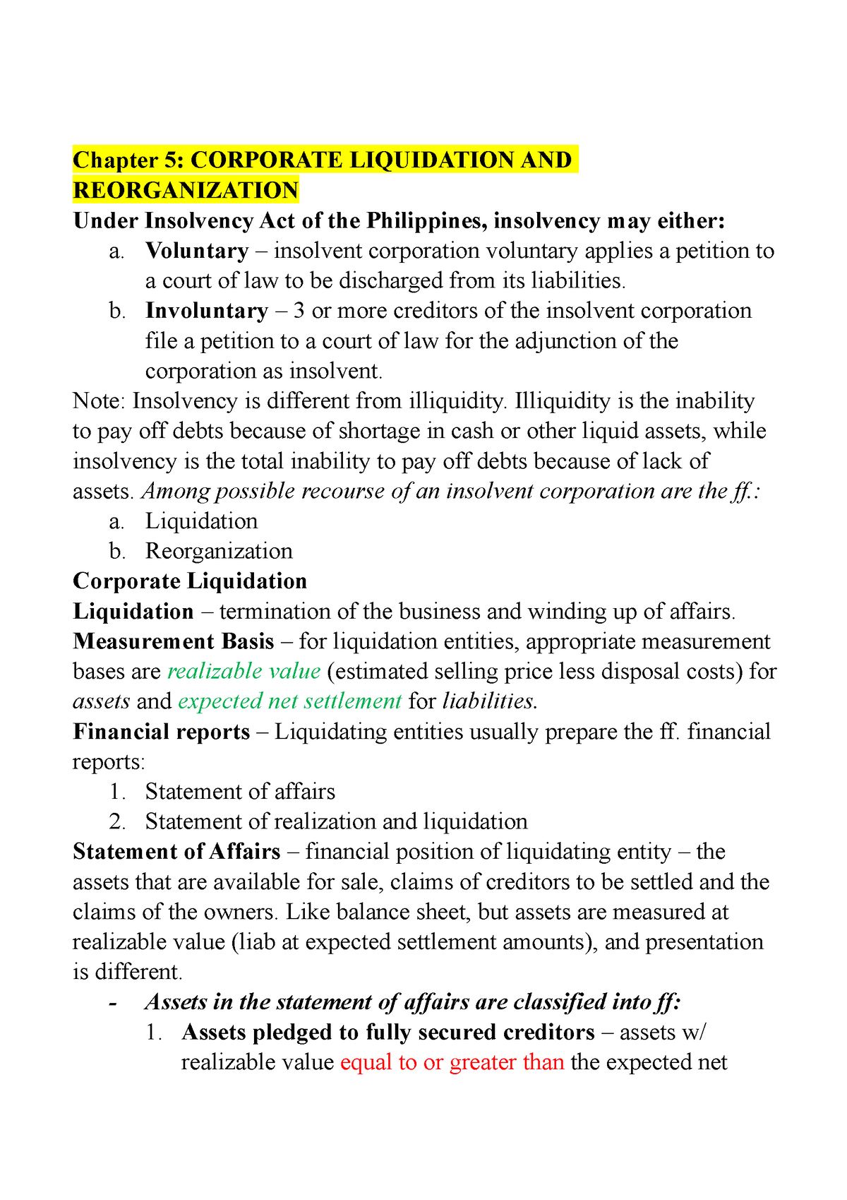 Chapter 5 Acspec - Notes - Chapter 5: CORPORATE LIQUIDATION AND ...