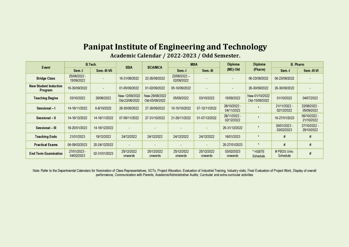 Academic Calendar 22 23 odd 1 Panipat Institute of Engineering and