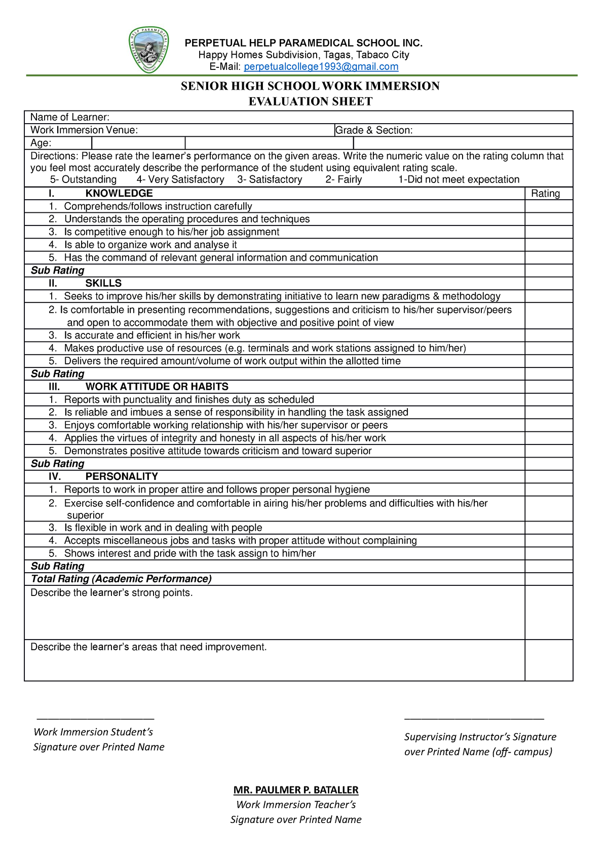 WORK Immersion Rating Sheet - PERPETUAL HELP PARAMEDICAL SCHOOL INC ...