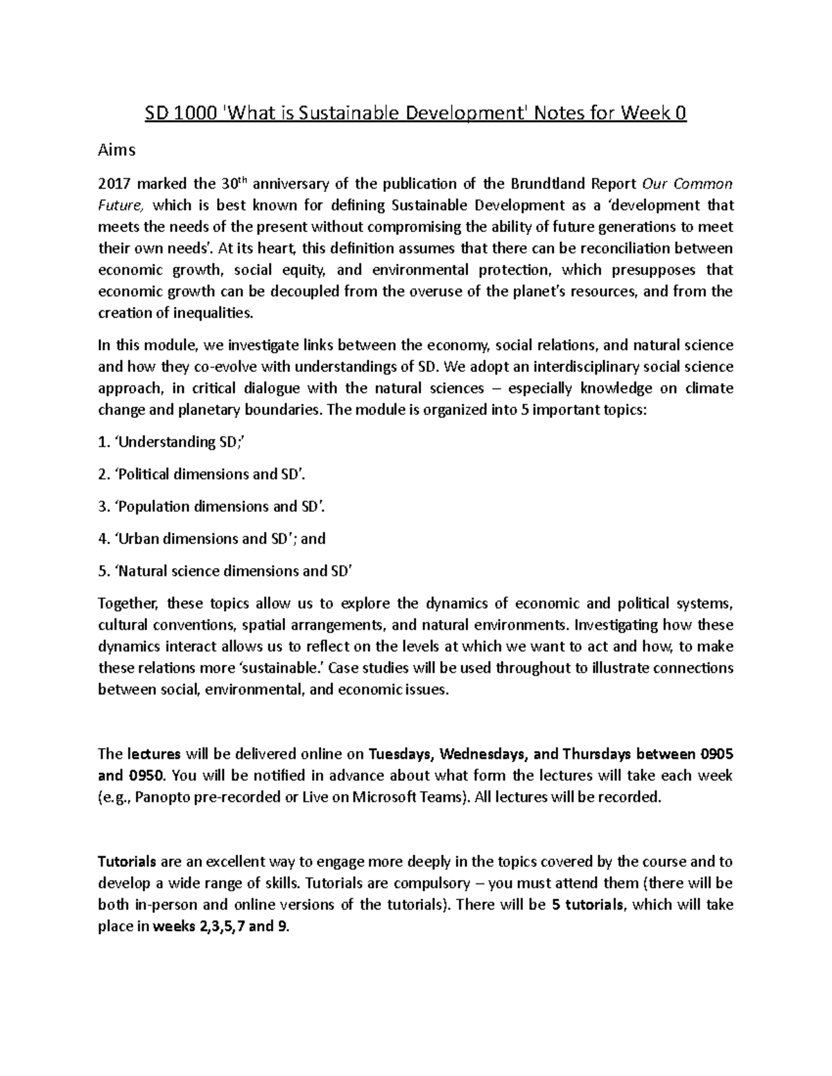 SD Week 0 Notes - SD 1000 'What is Sustainable Development' Notes for ...