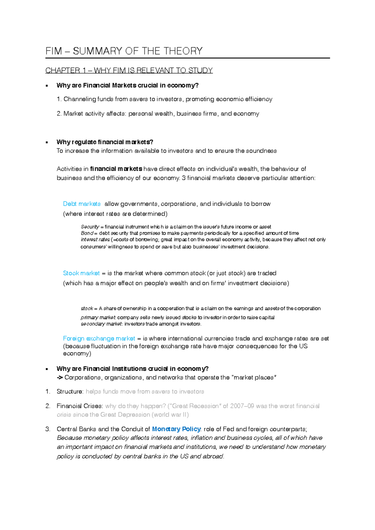 FIM - Summary - FIM – SUMMARY OF THE THEORY CHAPTER 1 – WHY FIM IS ...