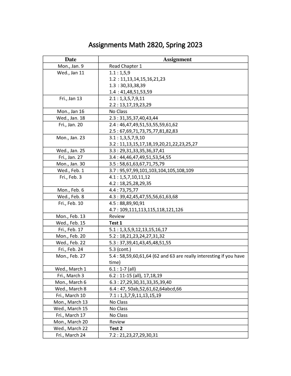 assignment schedule spring 2023