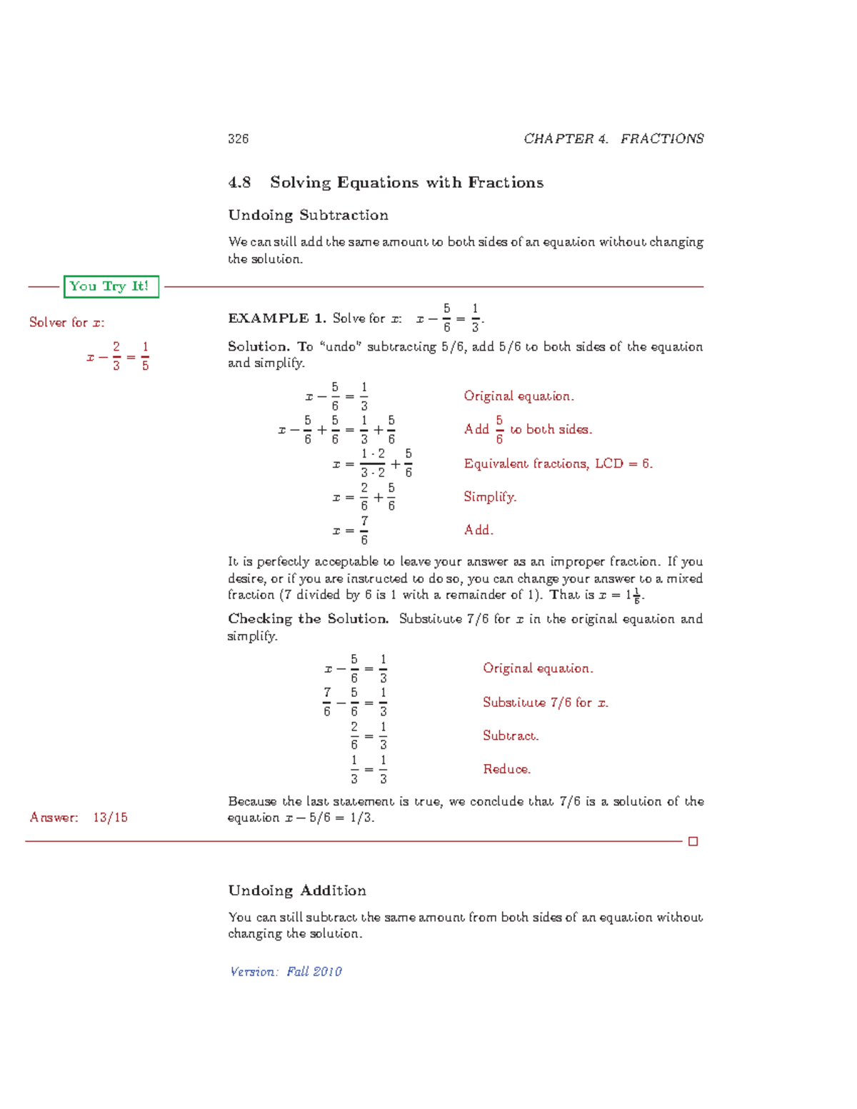 4 8Equations With Fractions - 326 CHAPTER 4. FRACTIONS 4 Solving ...