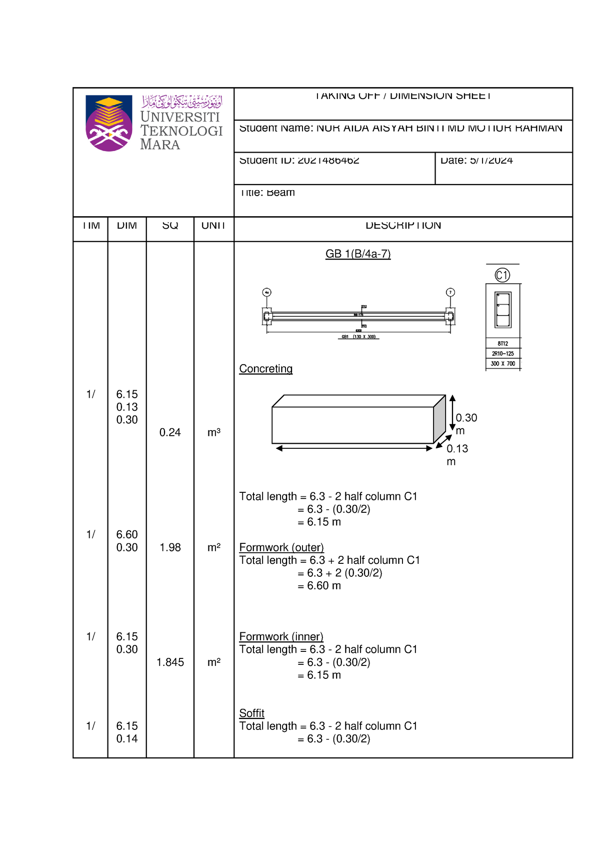 BEAM GB1 - gambar beam - TAKING OFF / DIMENSION SHEET Student Name: NUR ...