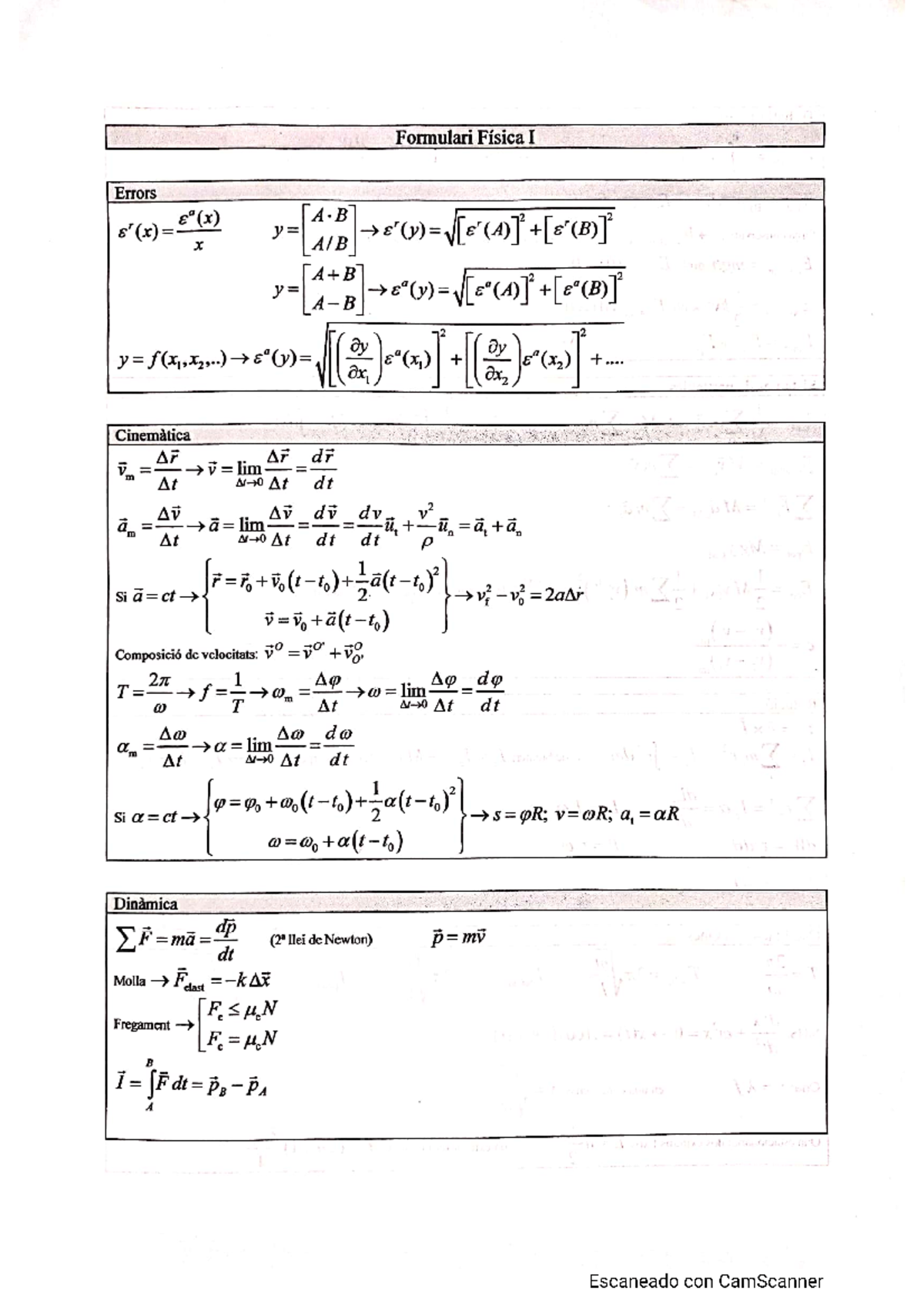 Formulari fisica 1 - Física 1 - Studocu