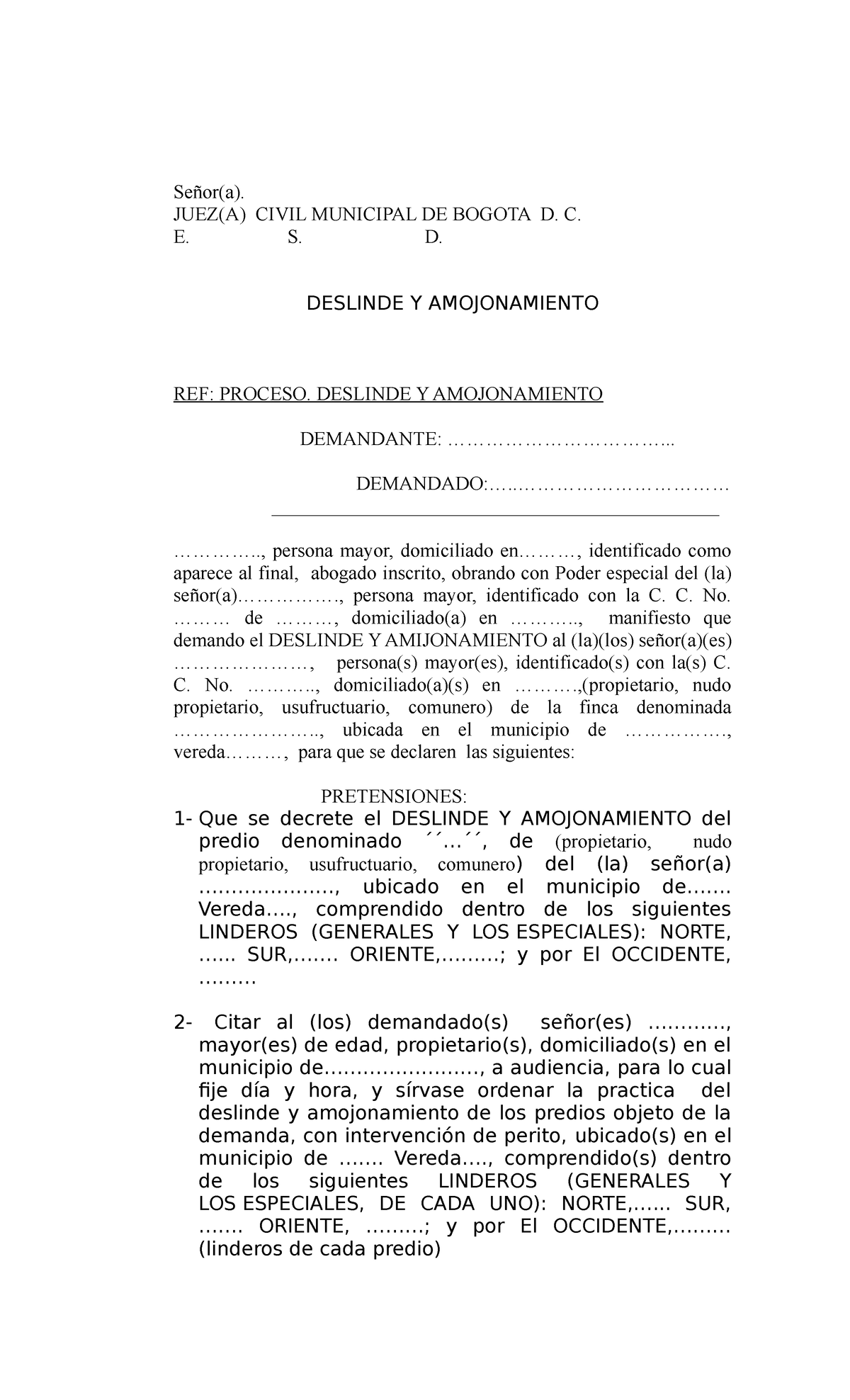 Demanda DE Deslinde Y Amojonamiento - Señor(a). JUEZ(A) CIVIL MUNICIPAL ...