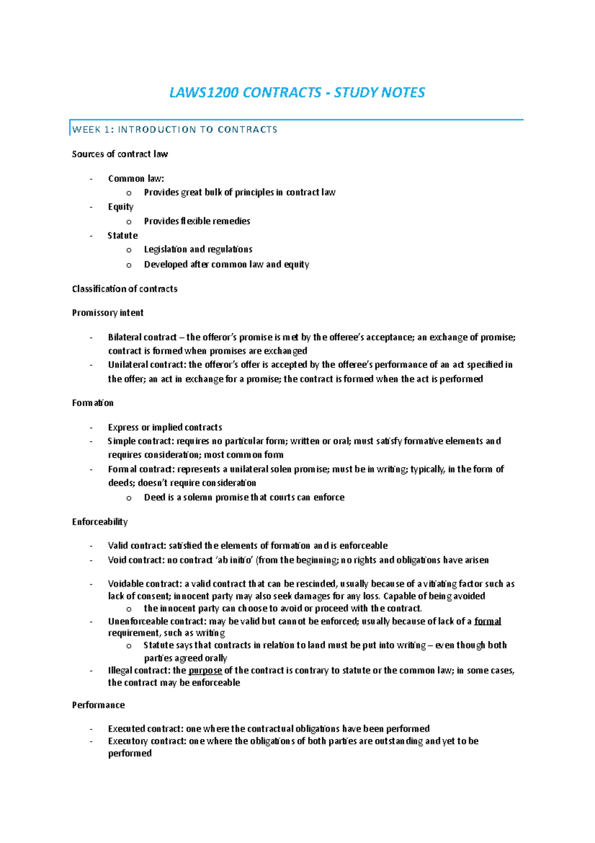 Laws1200 Contracts - Study Notes - LAWS1200 CONTRACTS - STUDY NOTES ...