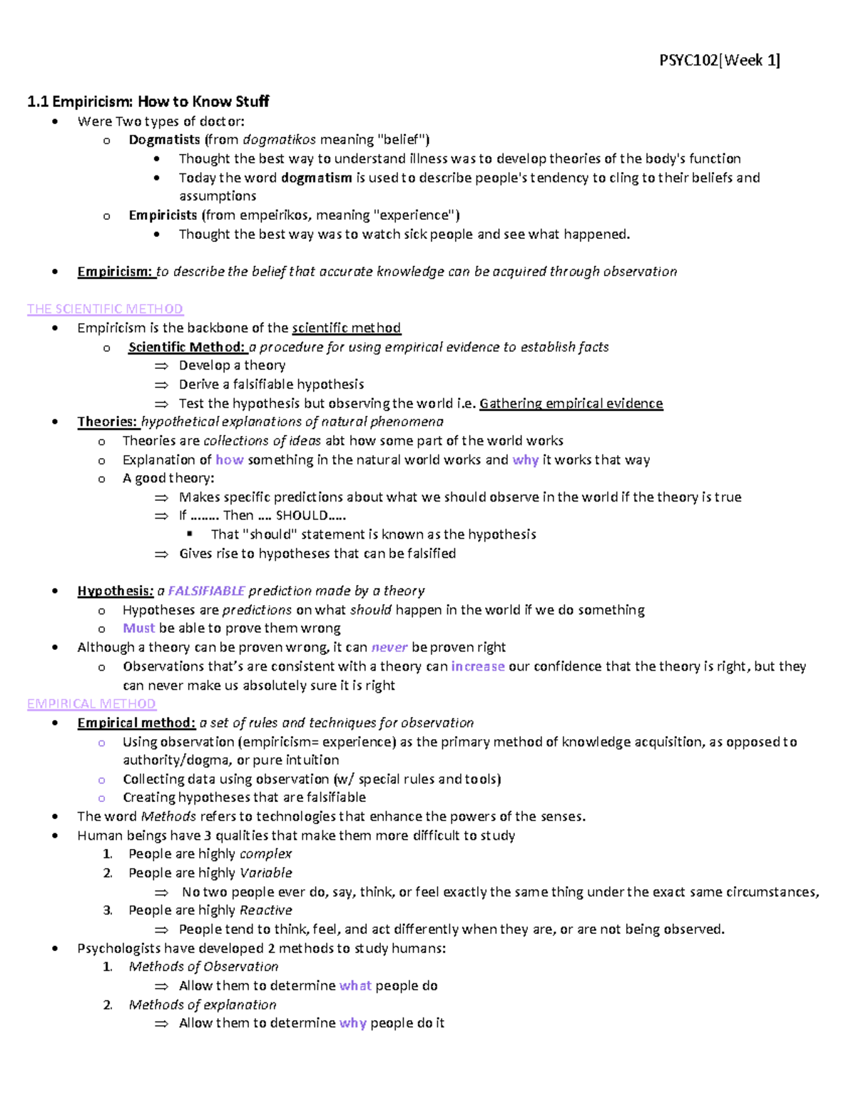 PSYC 102 Notes Combined - 1 Empiricism: How to Know Stuff - Were Two ...