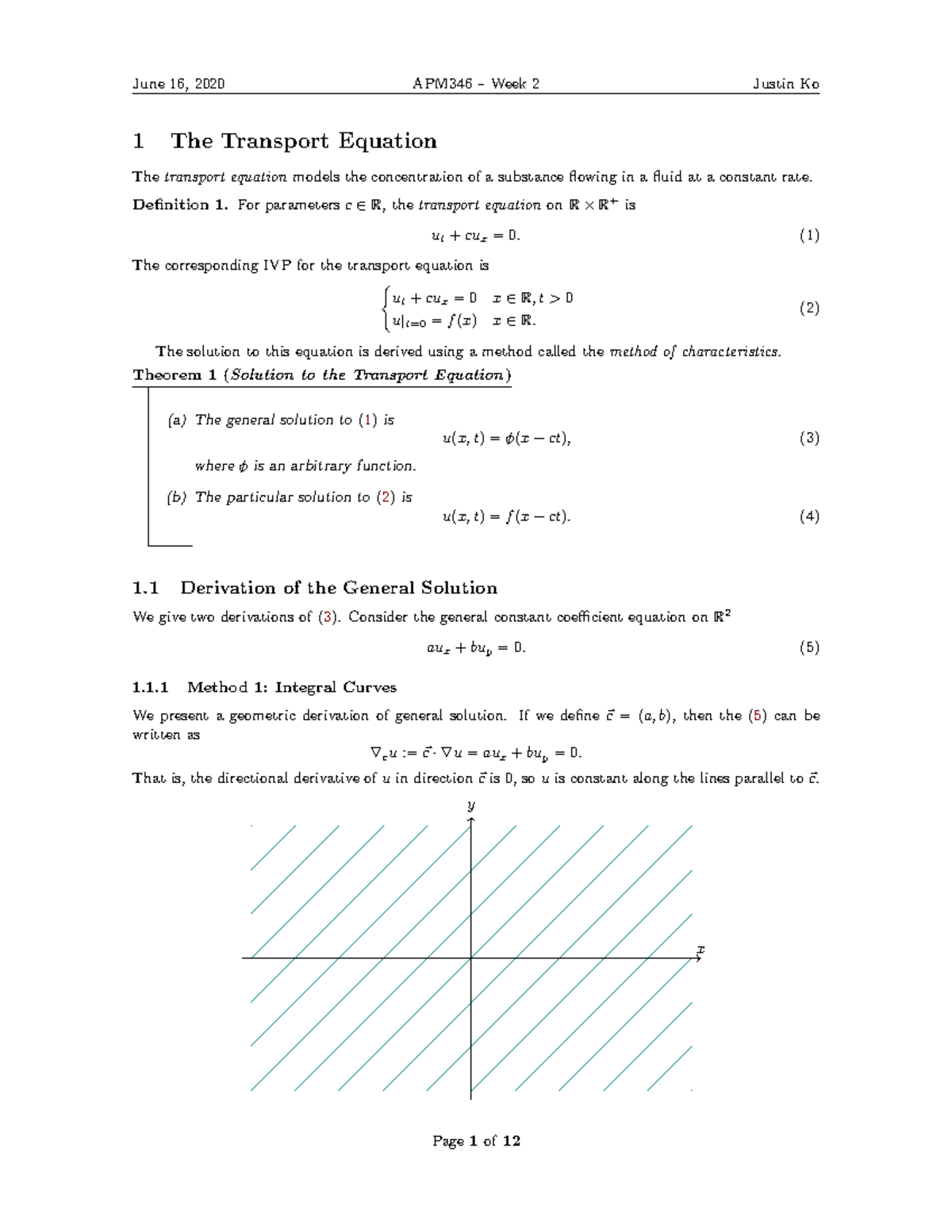 APM346 summary 2 2020 - PDE - 1 The Transport Equation The transport ...