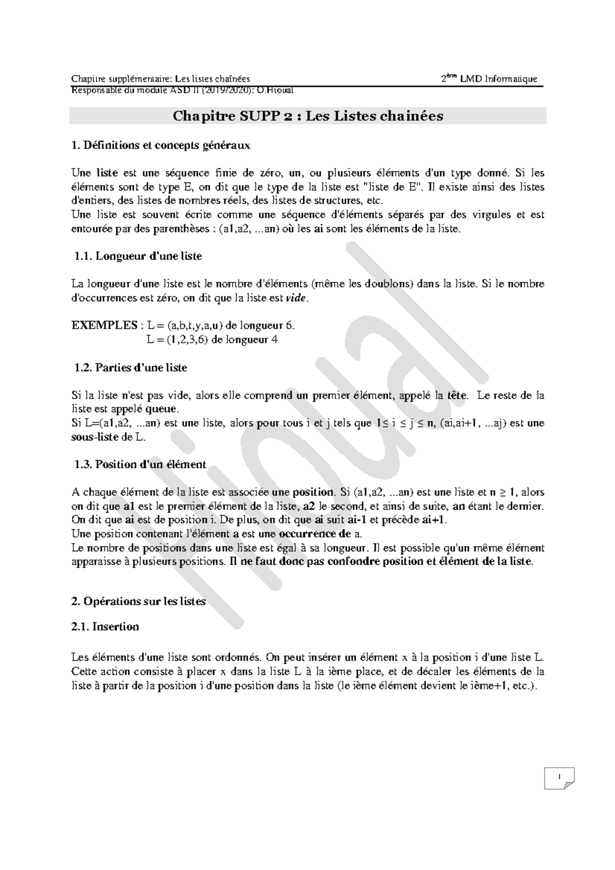 Chapitre supp2 les listes - Responsable du module ASD II (2019/2020): O ...