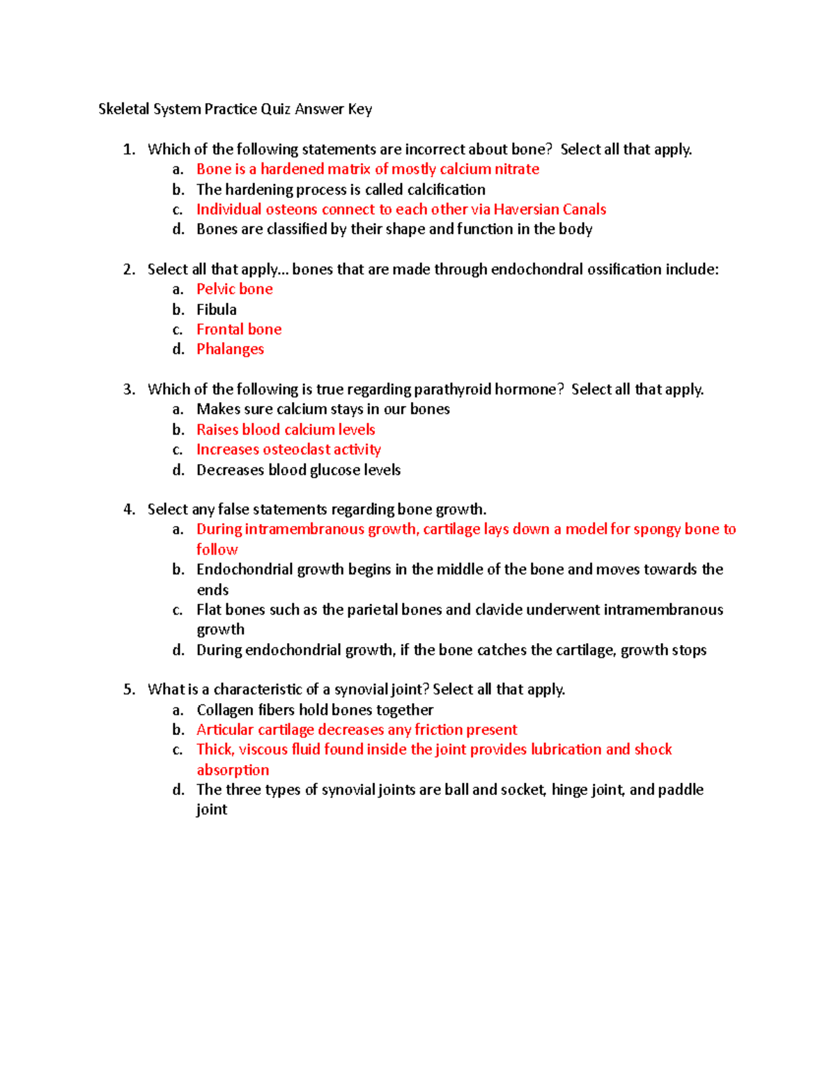 Skeletal System Practice Quiz Answer Key - a. Bone is a hardened matrix ...