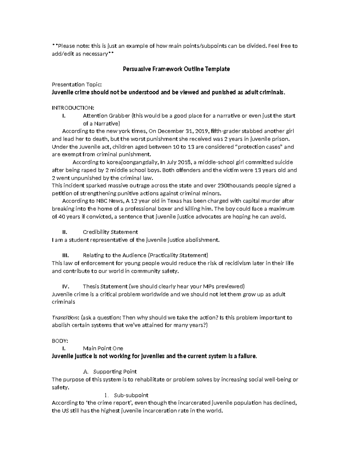 Persuasive Framework - Please note: this is just an example of how main ...