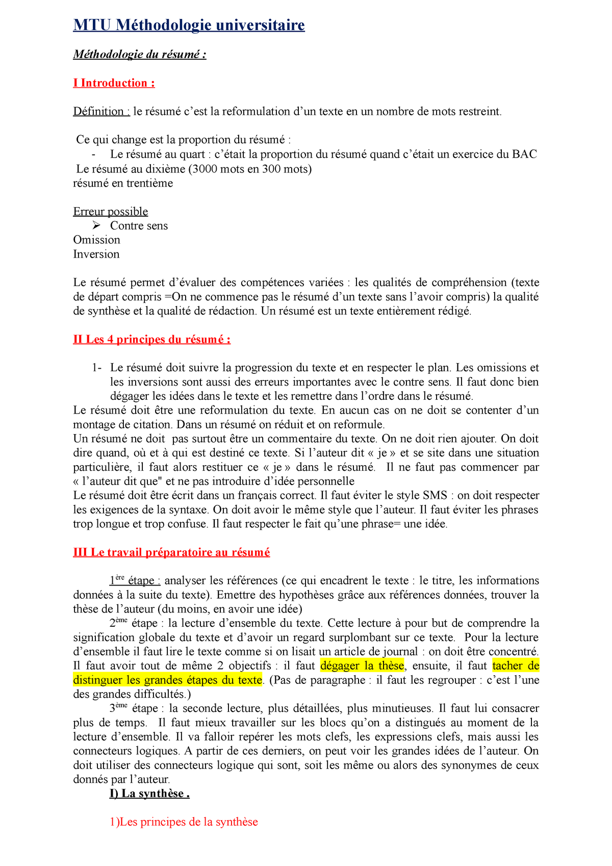 Synthese Mtu Methodologie Universitaire Methodologie Du Resume I Introduction Definition Le Studocu