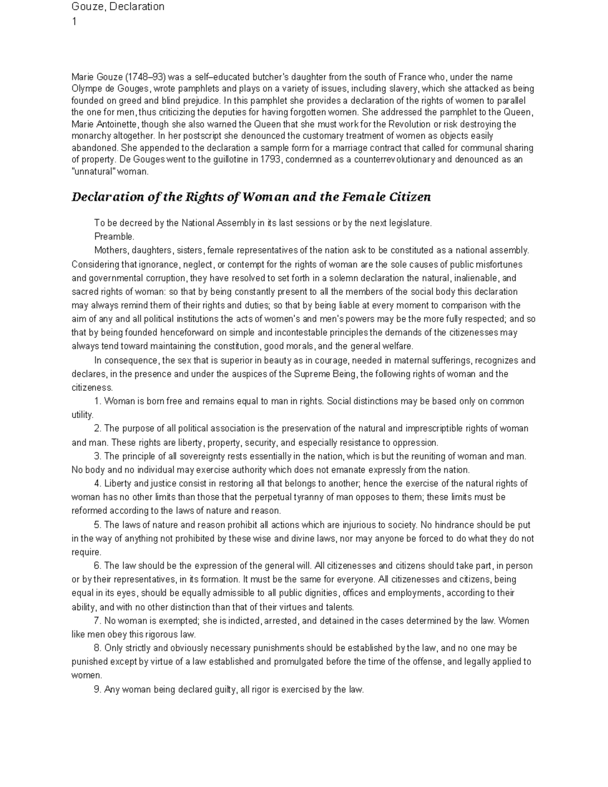 Declaration Of The Rights Of Woman - Gouze, Declaration 1 Marie Gouze 