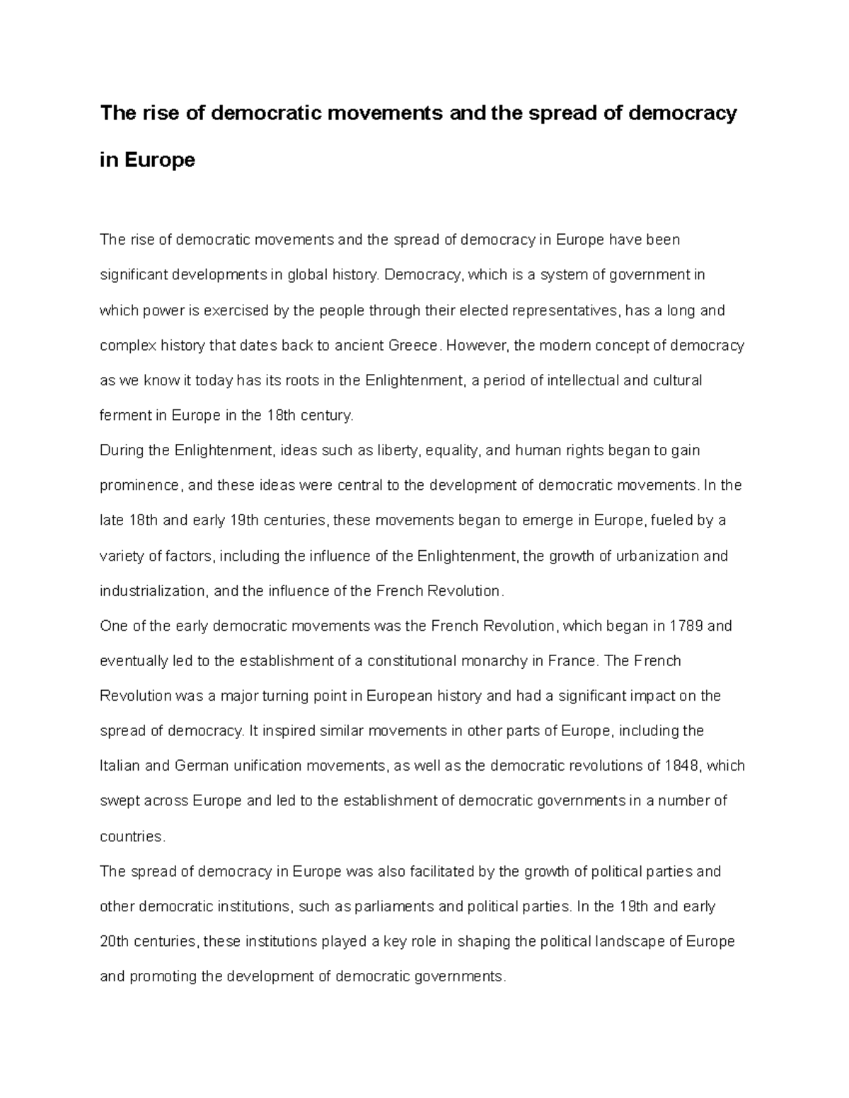 The rise of democratic movements and the spread of democracy in Europe