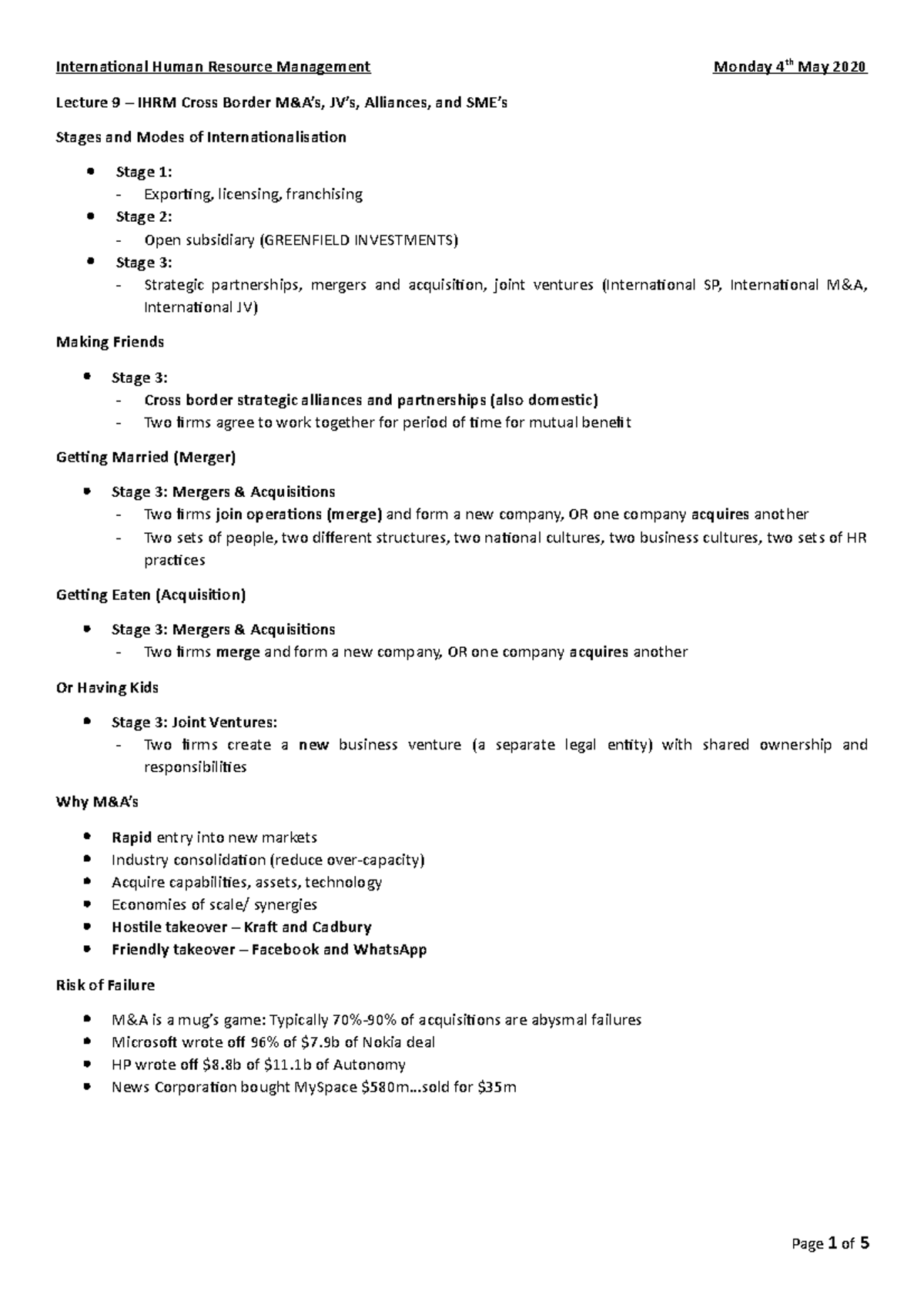 International Human Resource Management Lecture 9 Notes - International ...