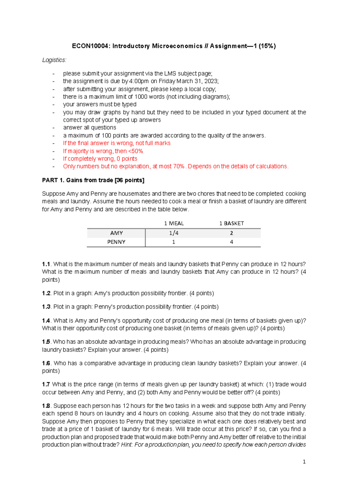 Introductory Microeconomics (ECON10004) Assignment 1 2023 - 1 ECON10004 ...