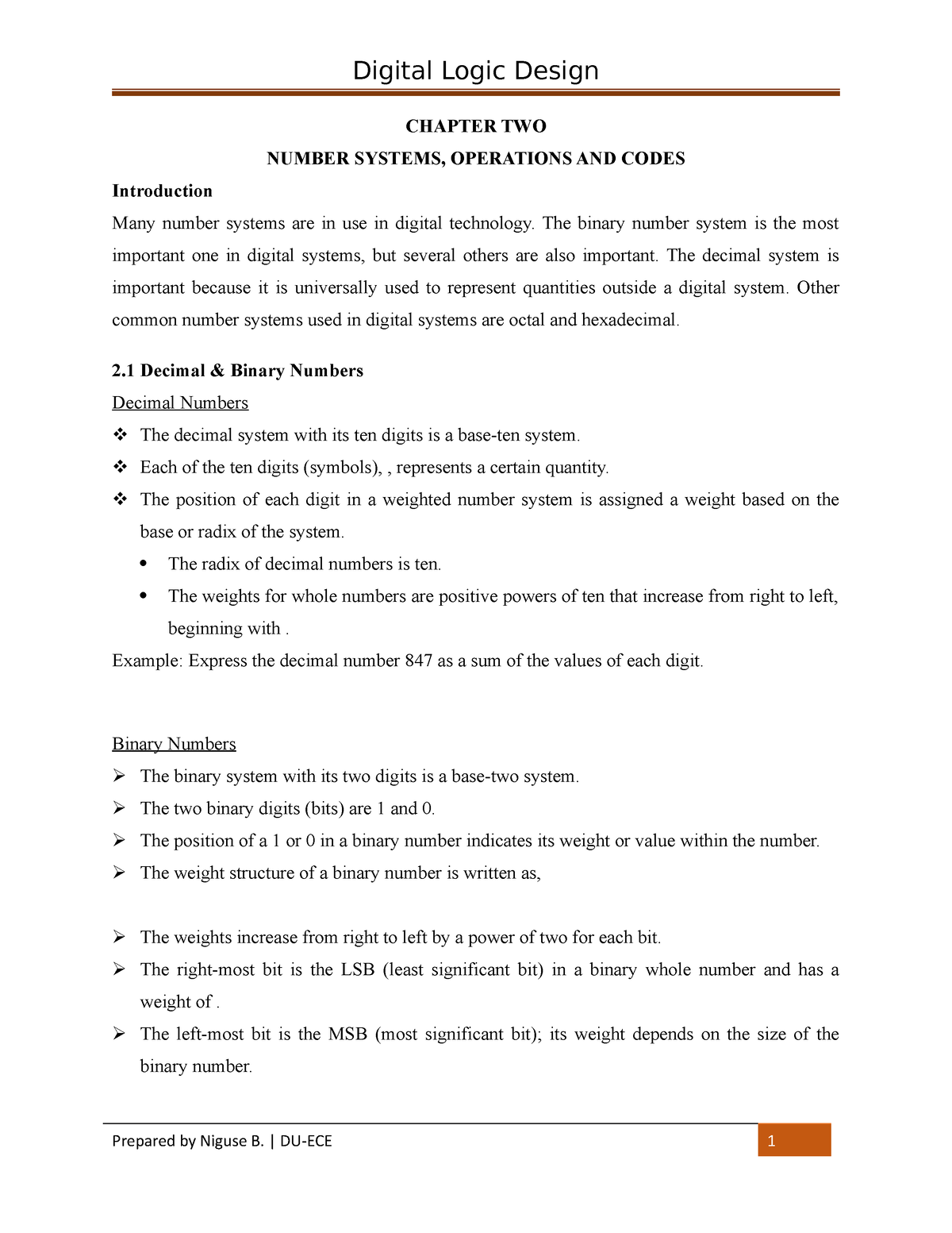 Chapter 2 - lecture note on codes - CHAPTER TWO NUMBER SYSTEMS ...