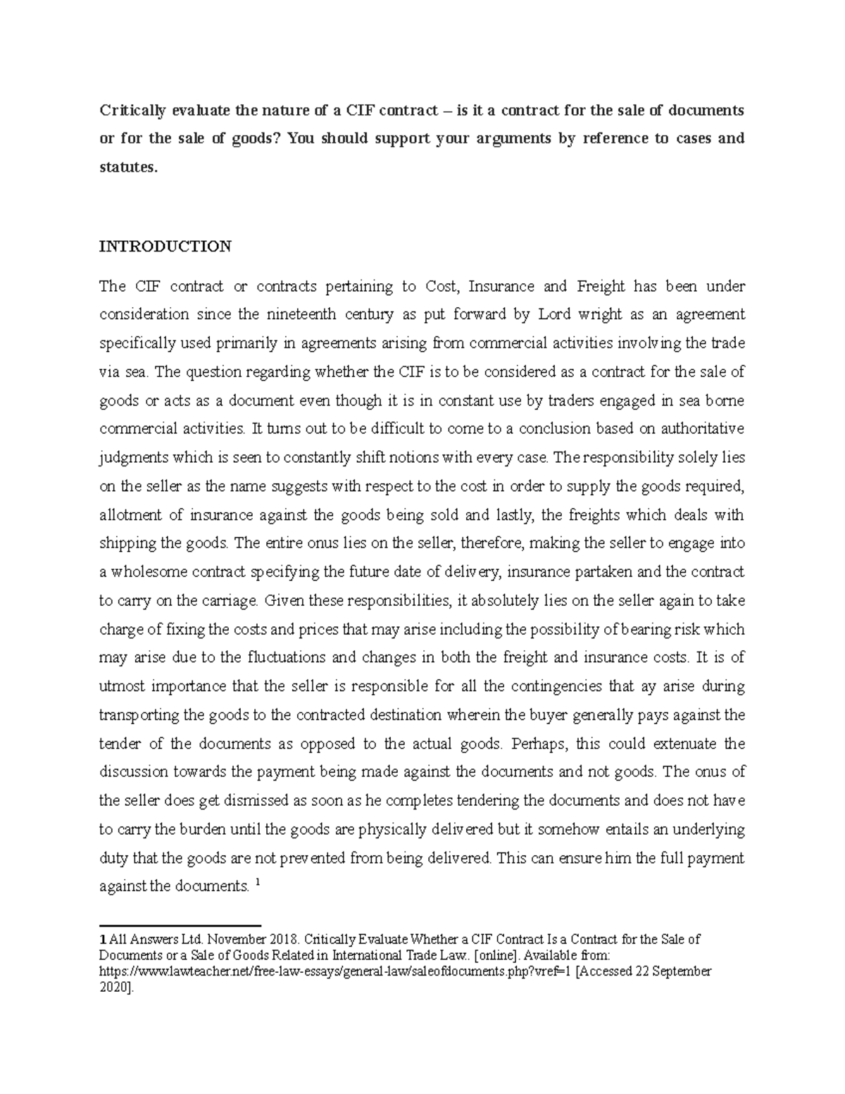 CIF CIF Critically Evaluate The Nature Of A CIF Contract Is It A Contract For The Sale Of 