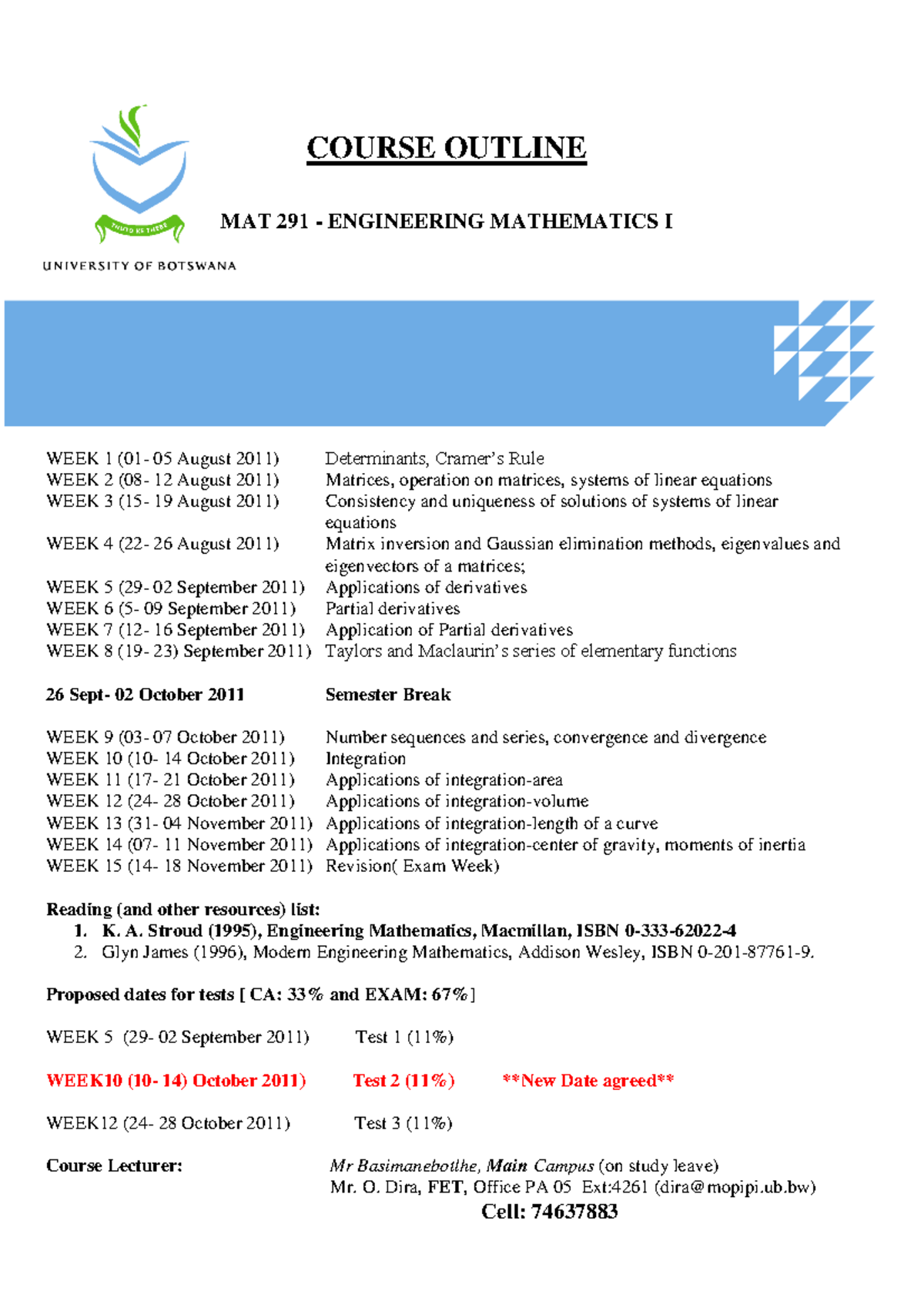 MAT 291-outline - Lecture Notes 1-7 - COURSE OUTLINE MAT 291 ...