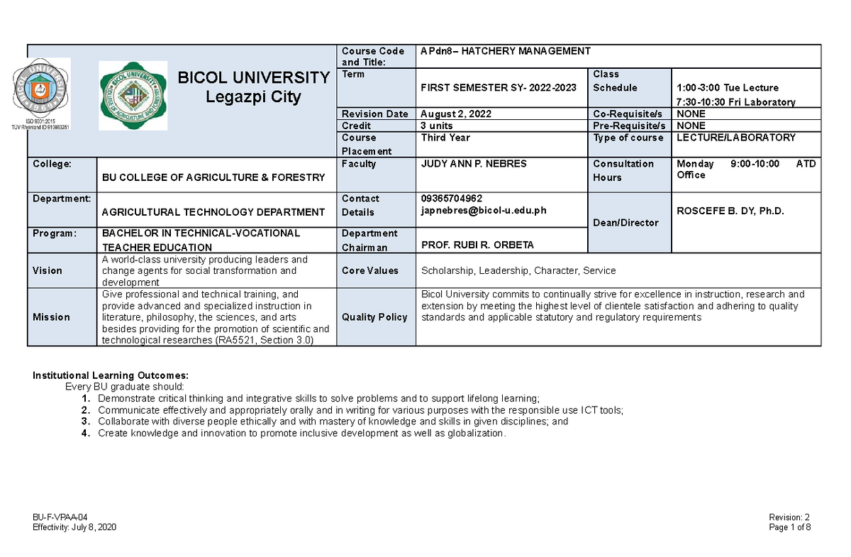 APDN 8 Syllabus 2021 - 2021-2022 - BICOL UNIVERSITY Legazpi City Course ...