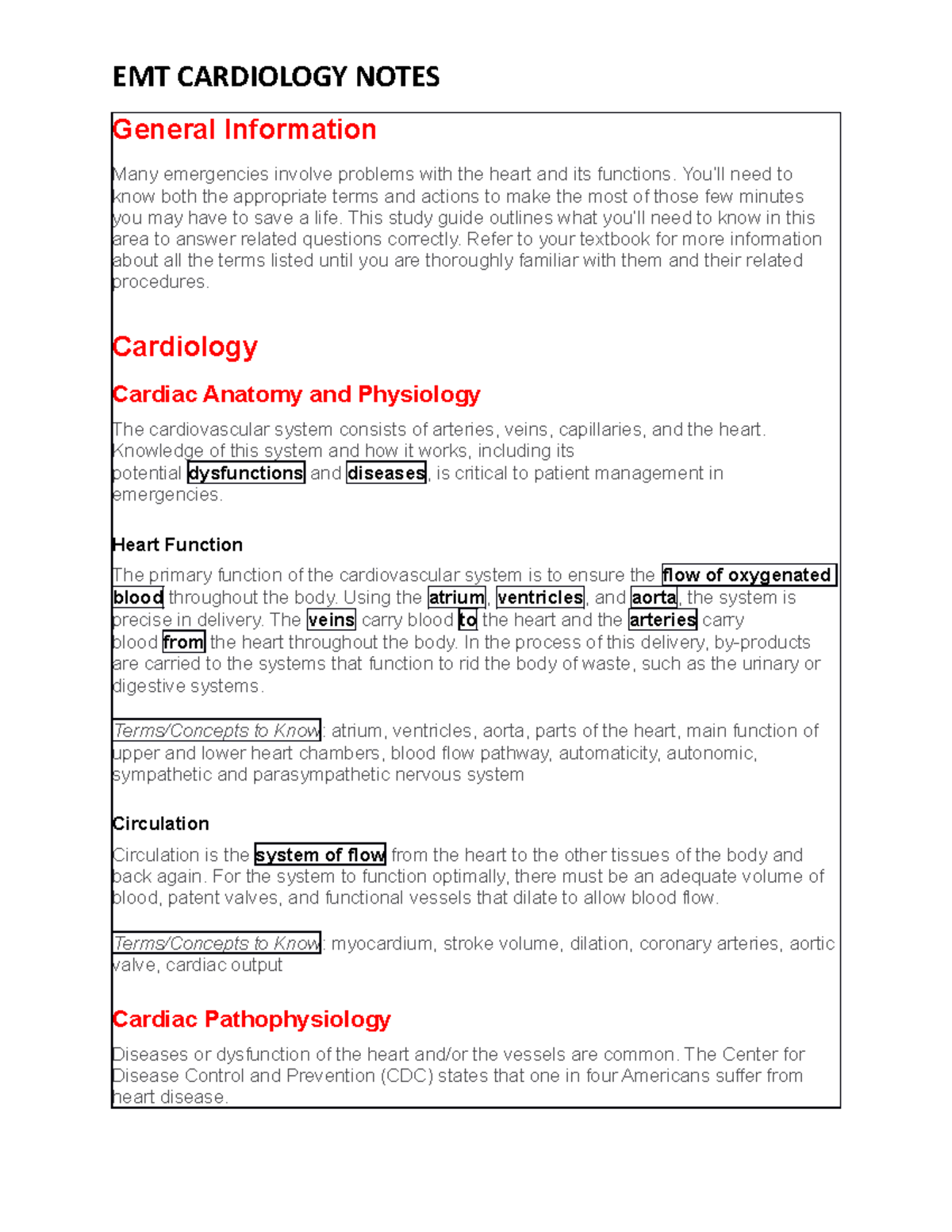 EMT Cardiology Notes - Cardiac Anatomy and Physiology, Dealing with ...