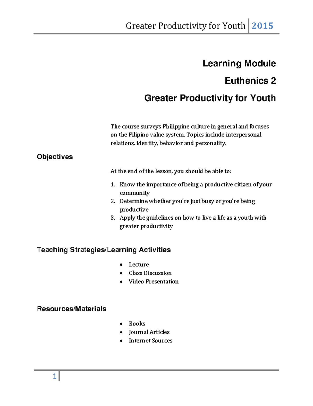 Week 11-13 - Greater Productivity for Youth - Learning Module Euthenics ...