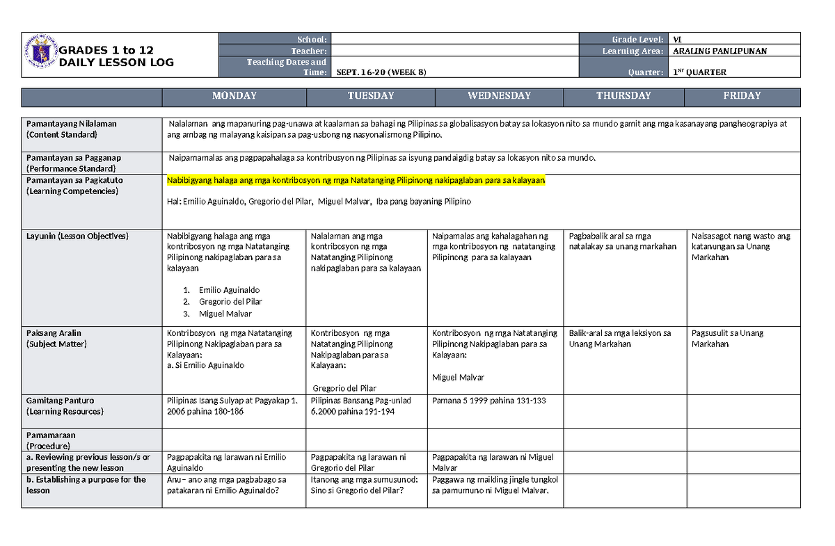 DLL Araling Panlipunan 6 Q1 W9 - GRADES 1 to 12 DAILY LESSON LOG School ...