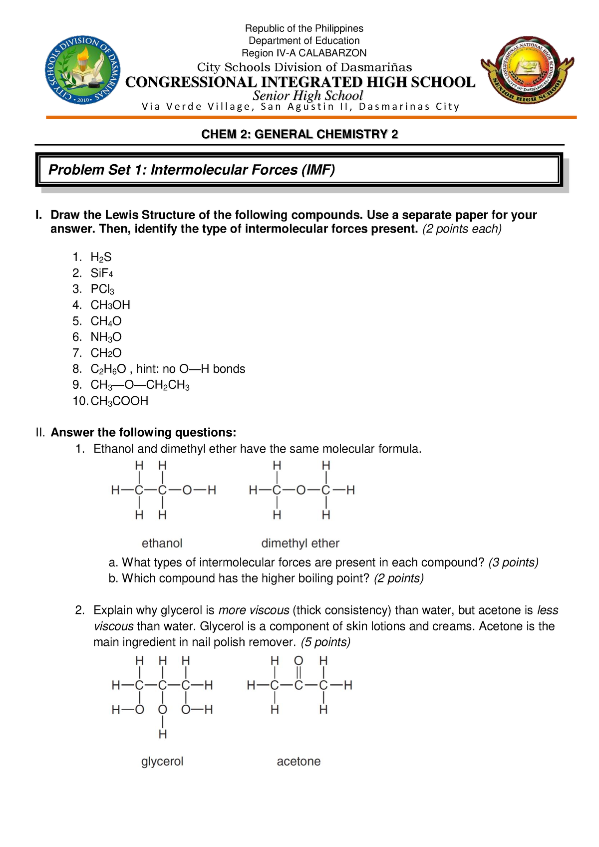 Problem Set 1 - Intermolecular Forces (IMF) - CHEM 2: GENERAL CHEMISTRY ...