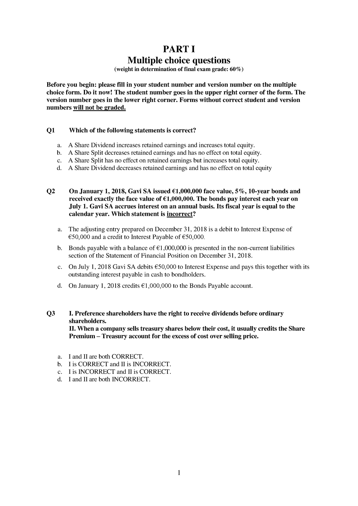 Exam 23 may 2019 - PART I Multiple choice questions (weight in ...