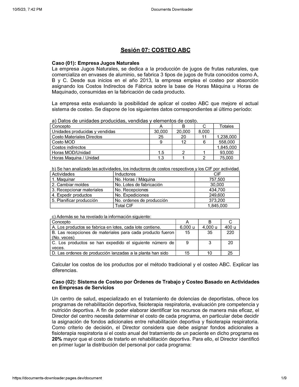 Caso ABC - Ejercicio Costeo ABC, Caso Practico A Utiliza - Sesión 07 ...