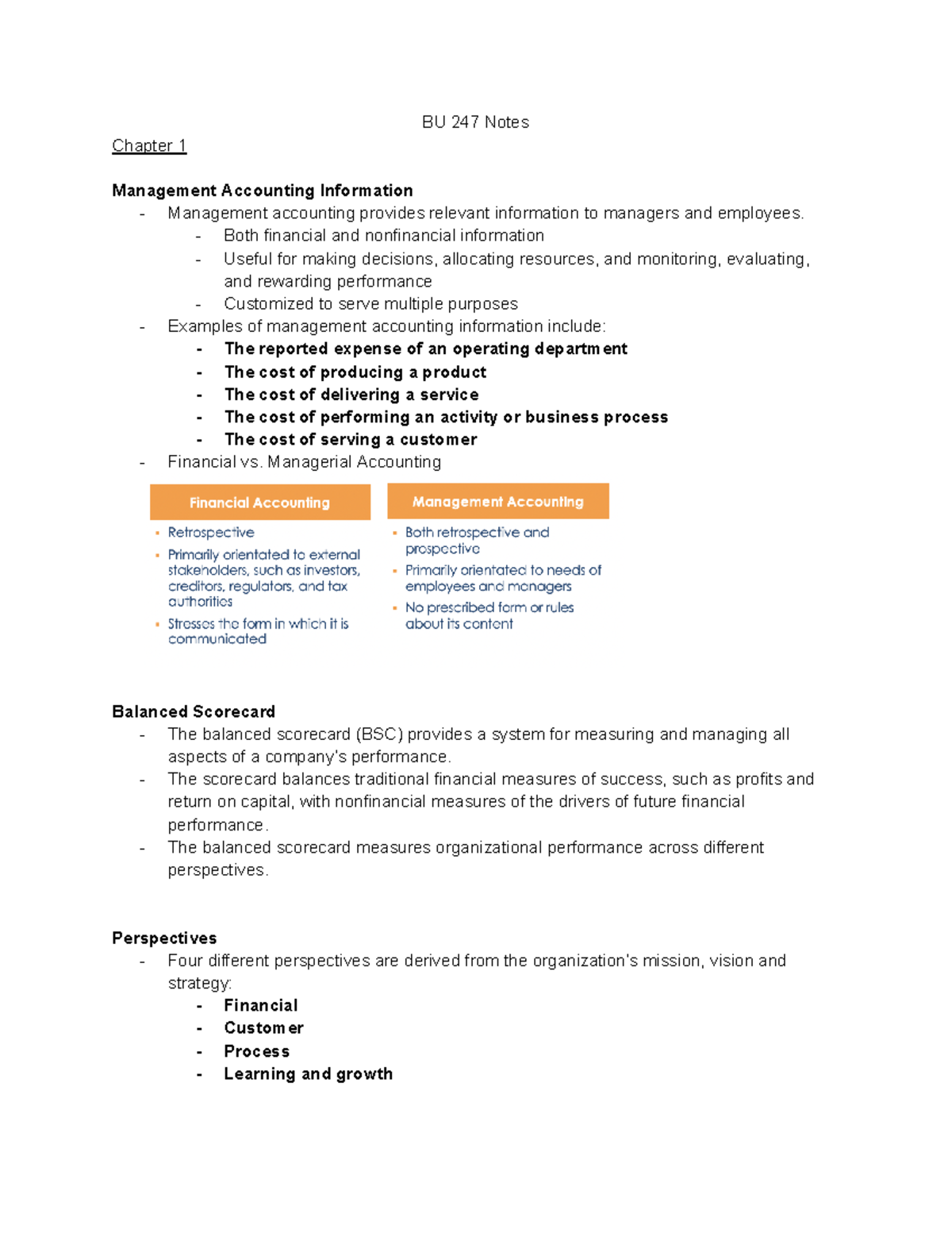 BU 247 - notes - BU 247 Notes Chapter 1 Management Accounting ...