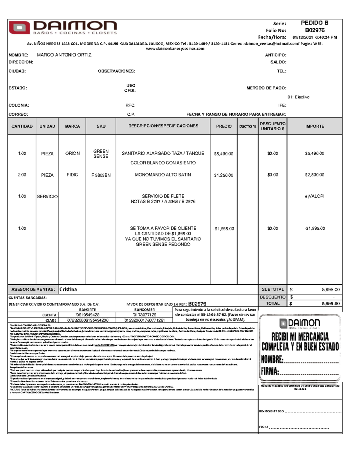 Marco Ortiz - apuntes - Serie: PEDIDO B Folio No: B Fecha/Hora: 01/12 ...