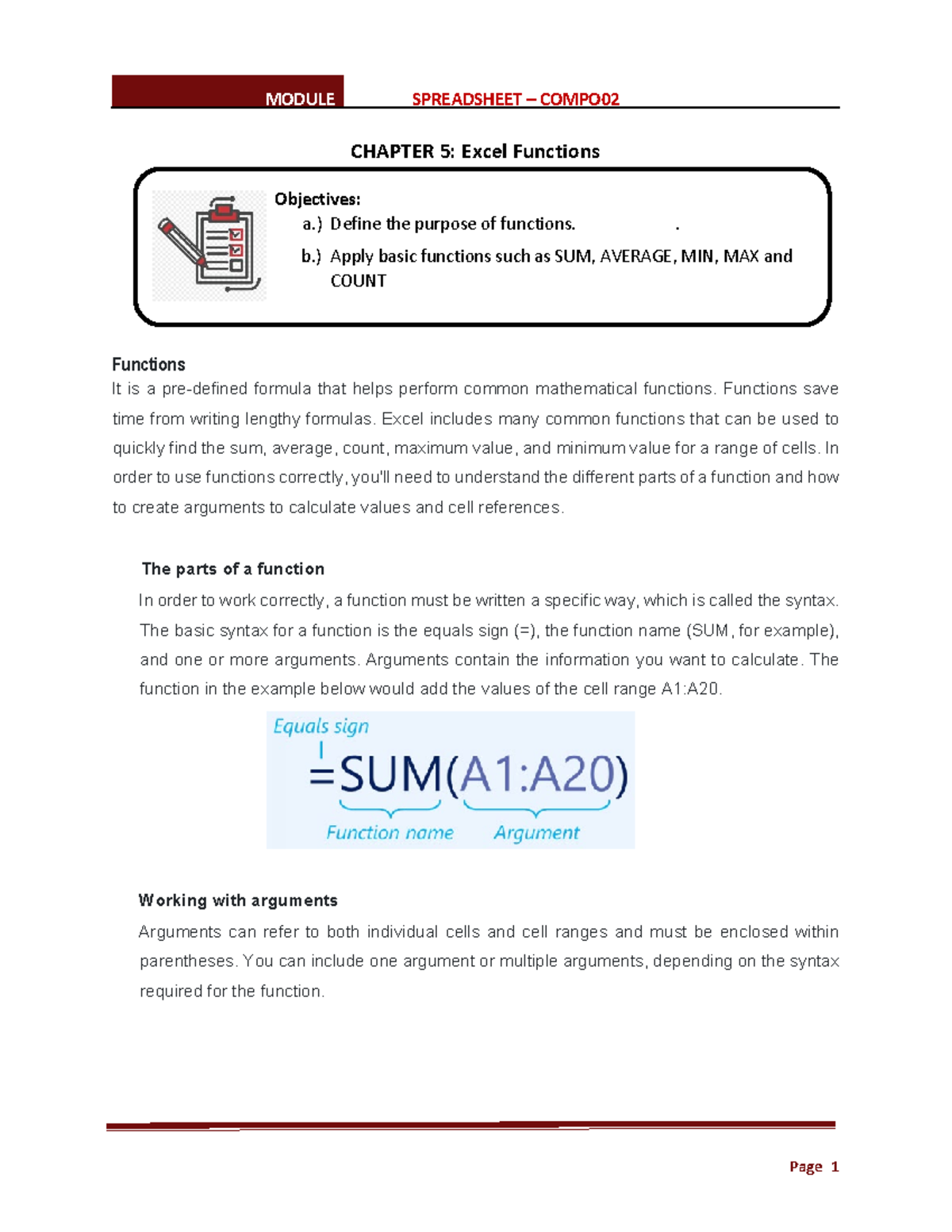 Compo 02 Chapter 5 MODULE SPREADSHEET COMPO Page 1 CHAPTER 5 Excel