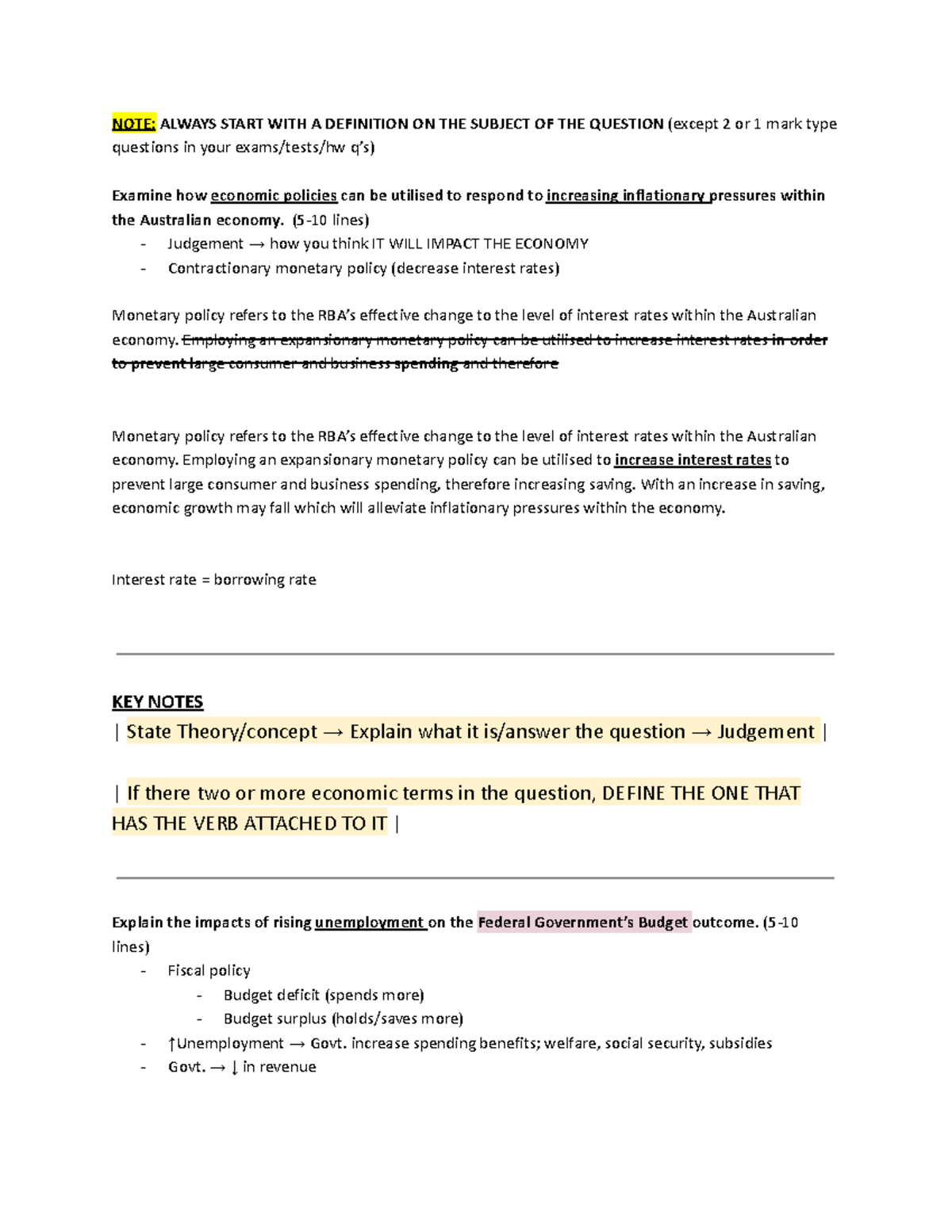 Economics Practice Q's - NOTE: ALWAYS START WITH A DEFINITION ON THE ...