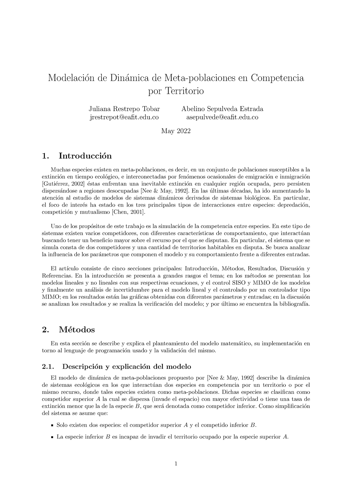 Modelación De Dinámica De Meta Poblaciones En Competencia Por ...