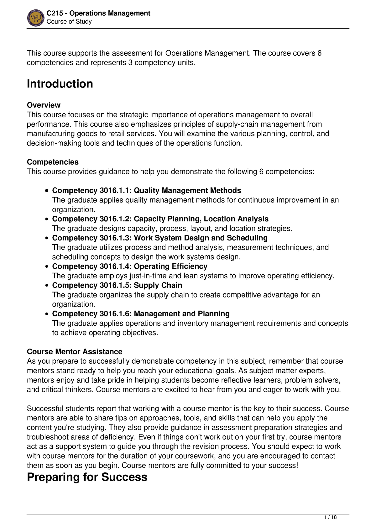 C215 Operations Management Course Of Study - Course Of Study This ...