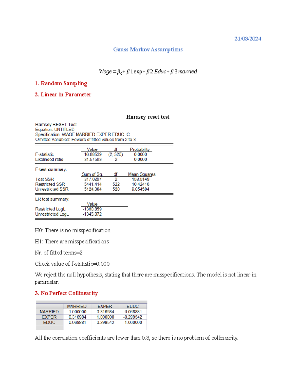 Wage hw - notes - 21/03/ Gauss Markov Assumptions Wage=β 0 + β 1 exp+ β ...