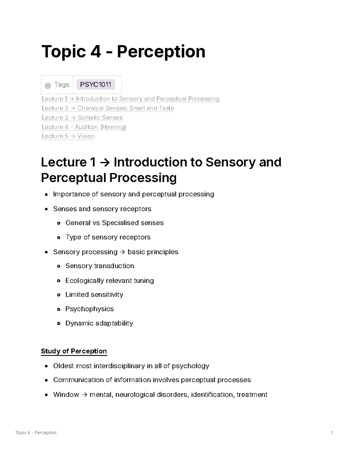 Perception notes - Topic 4 - Perception Tags PSYC Lecture 1 → ...