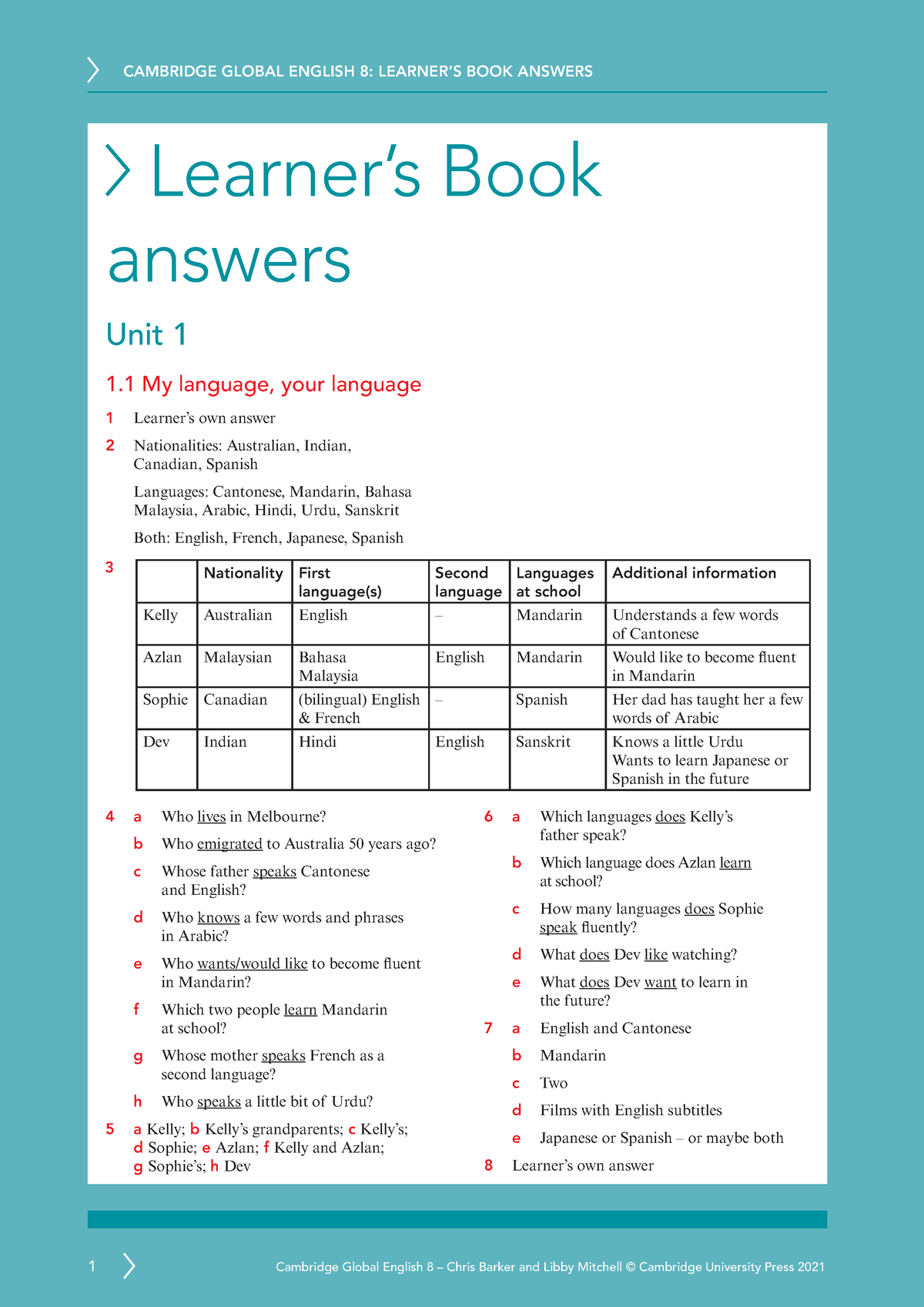 Cambridge global english stage 8 answers - Learner’s Book answers Unit ...