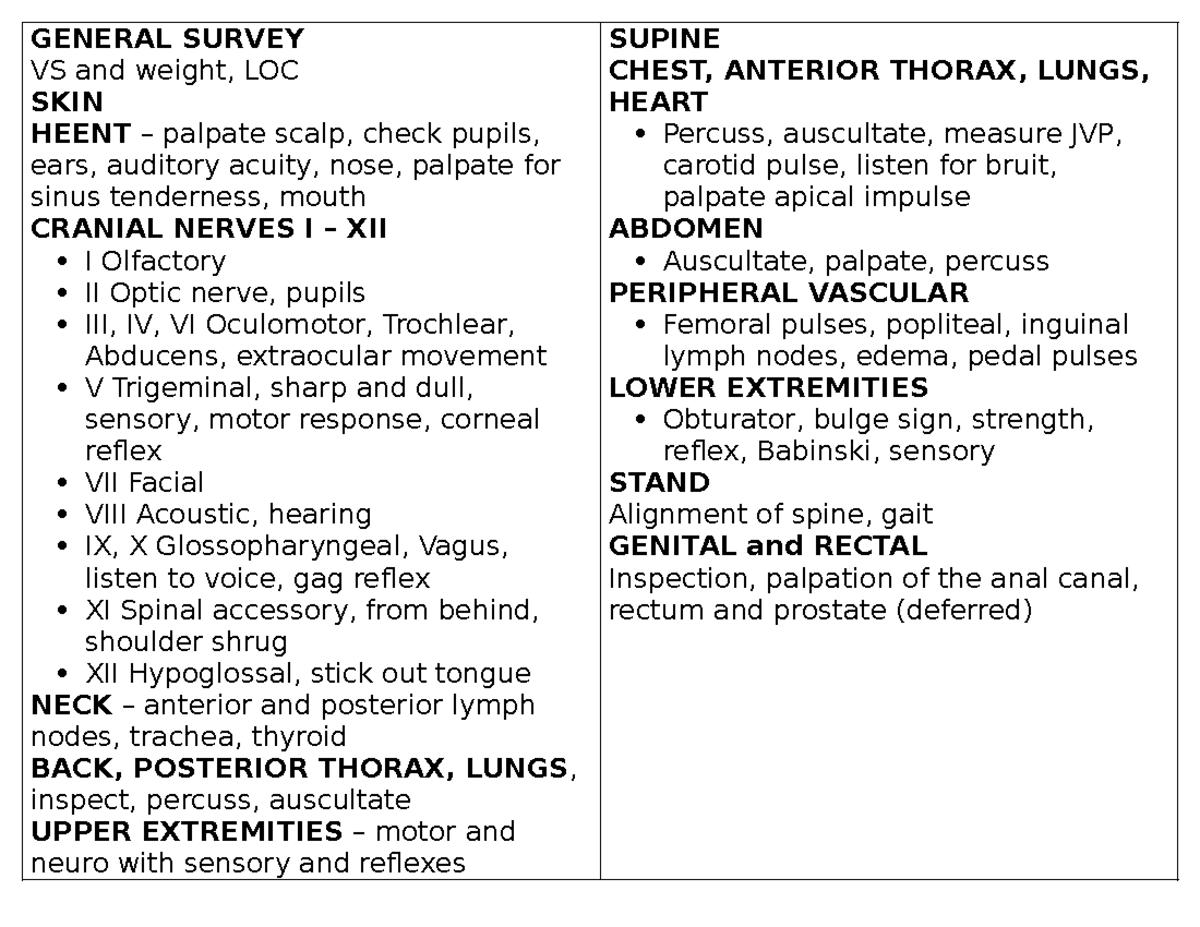 MN552 HEAD TO TOE Cheat Sheet - GENERAL SURVEY VS and weight, LOC SKIN ...