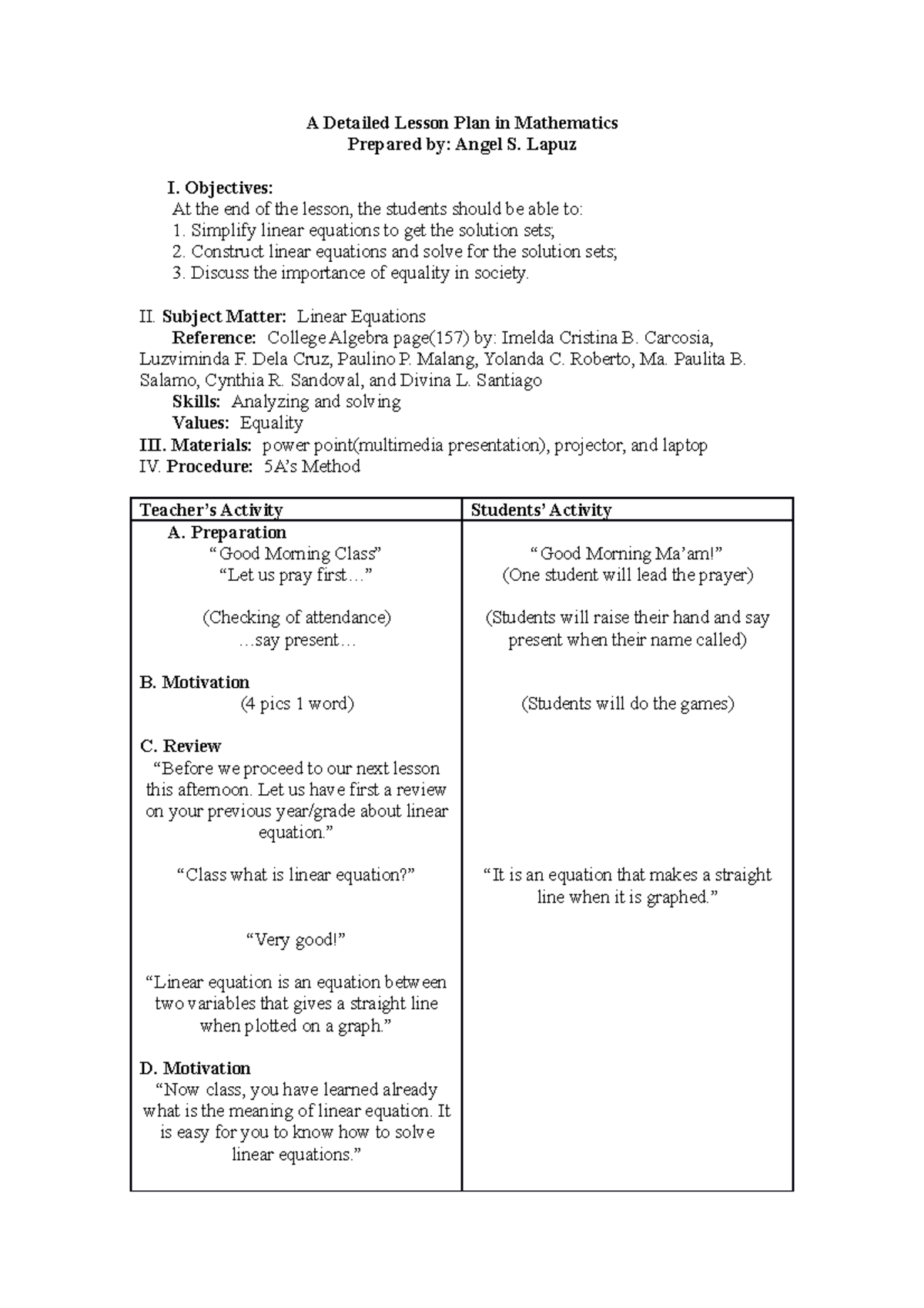 A Detailed Lesson Plan In Mathematics A Detailed Lesson Plan In