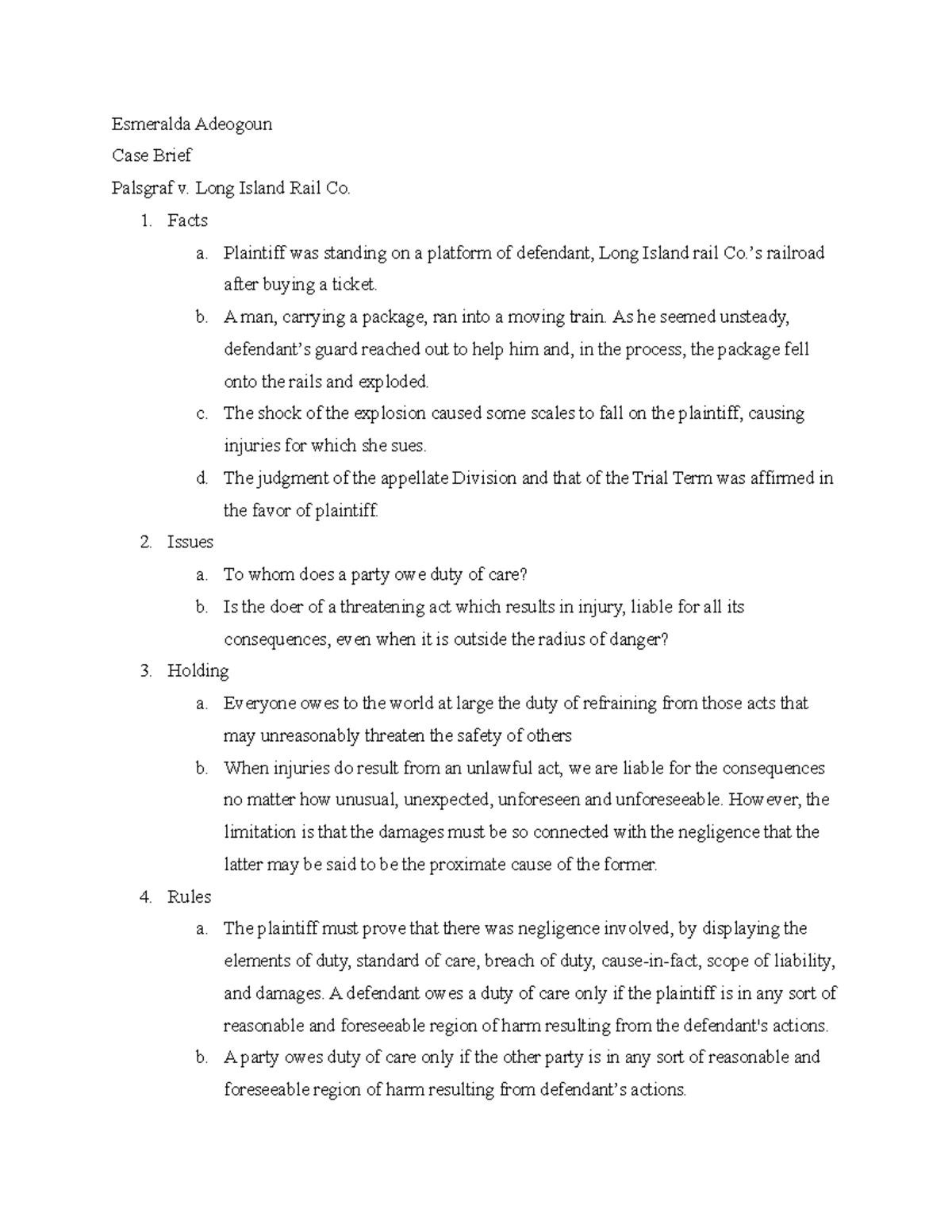 Parlsgraf v Long Island Rail Co - Case Brief 4 - Esmeralda Adeogoun ...