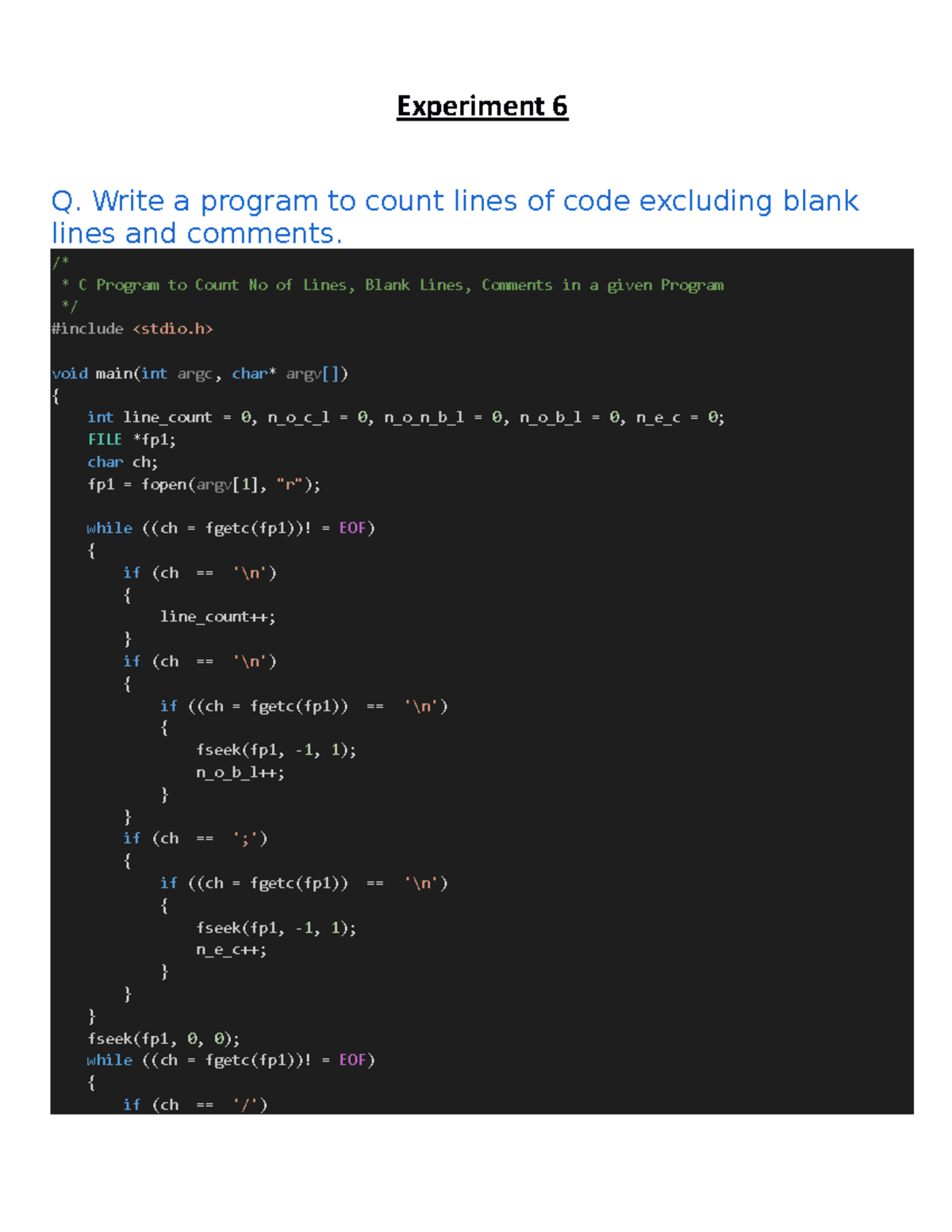 Exp 6 - .eknkrnkrnkn - Experiment 6 Q. Write a program to count lines ...