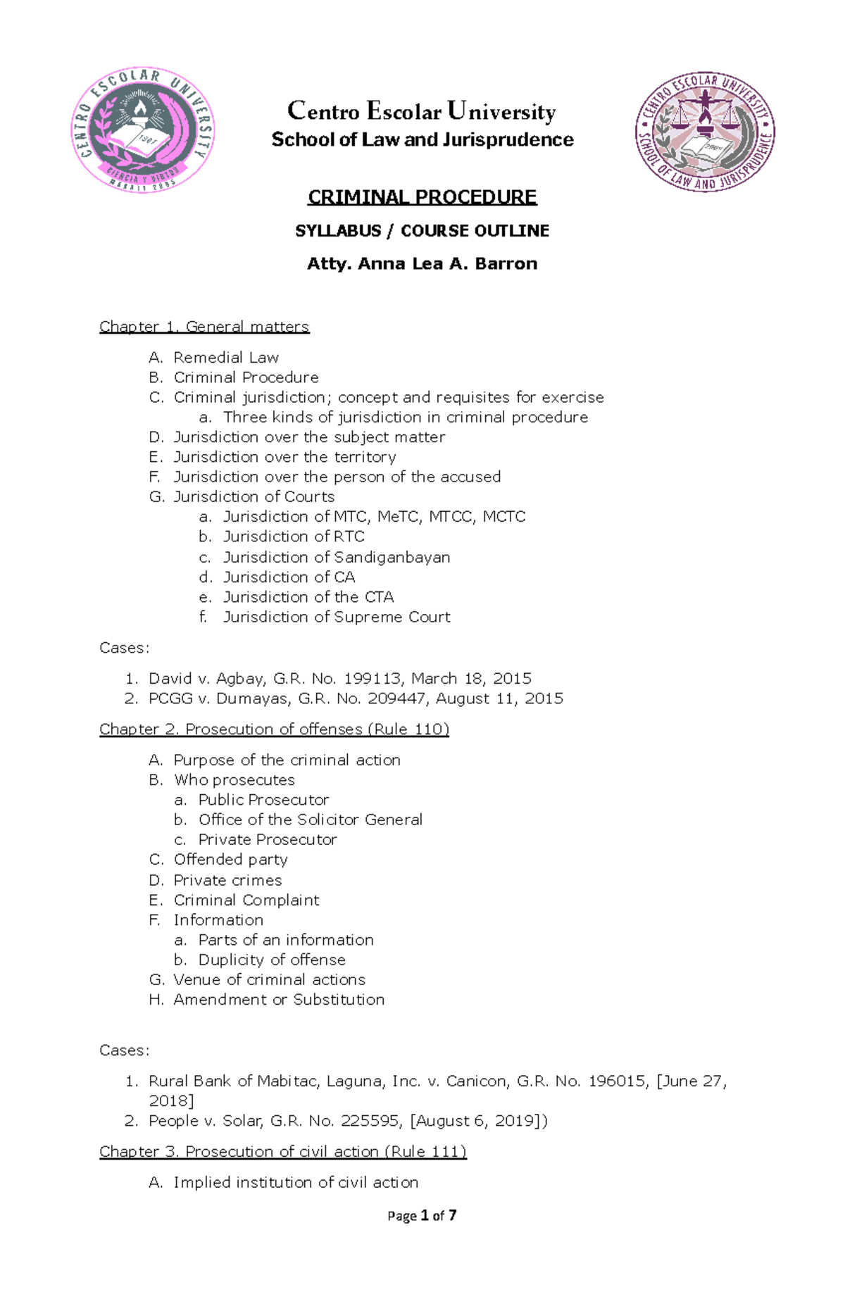 Criminal Procedure Syllabus 2024 CEU Barron - Centro Escolar University ...