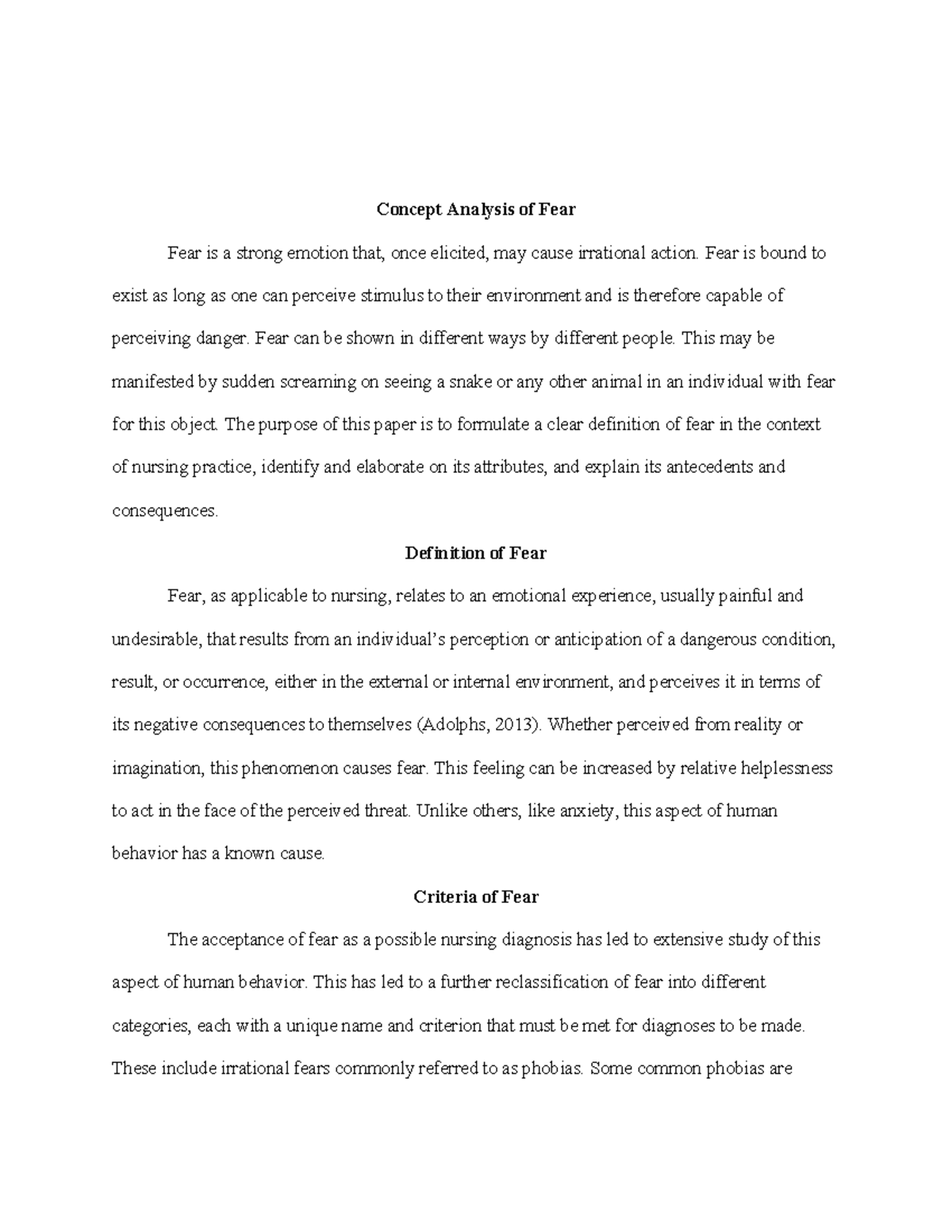 Concept Analysis Paper - Concept Analysis of Fear Fear is a strong ...