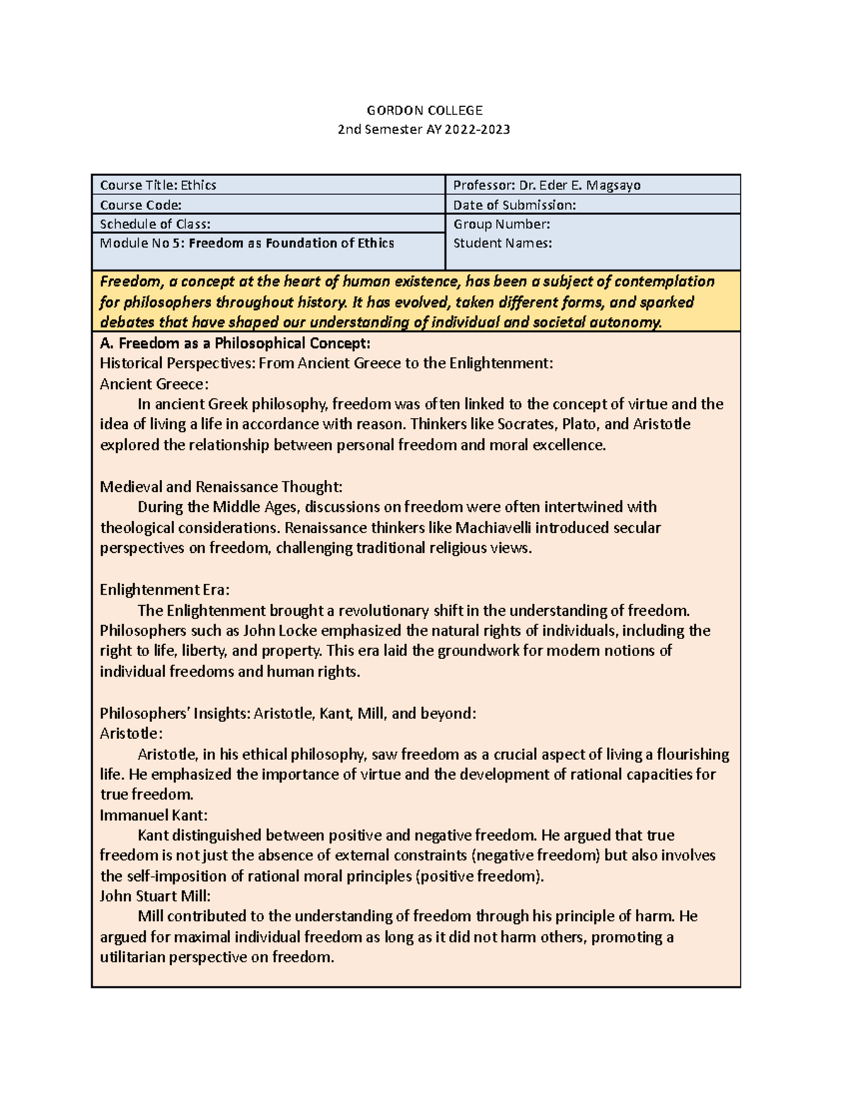 Ethics Topic 5 Freedom as Foundation of Ethics - GORDON COLLEGE 2nd ...