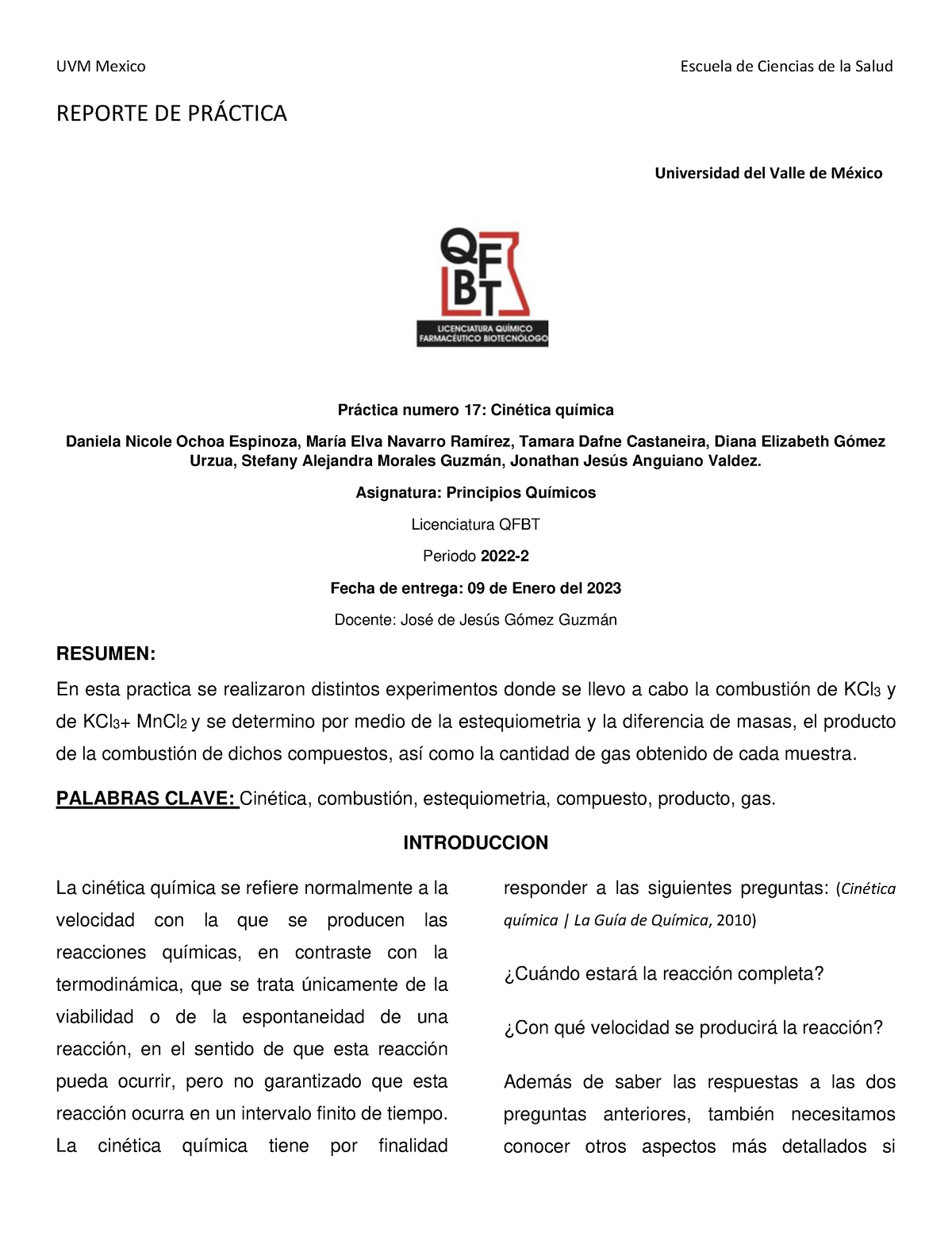 Reporte DE PRÃ Ctica 17 UVM QFBT P - REPORTE DE PR¡CTICA Práctica ...