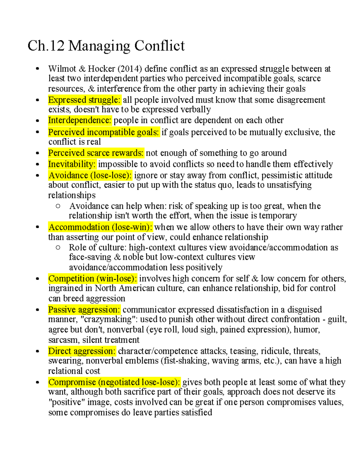 Ch.12 Managing Conflict - Wilmot & Hocker (2014) define conflict as an ...